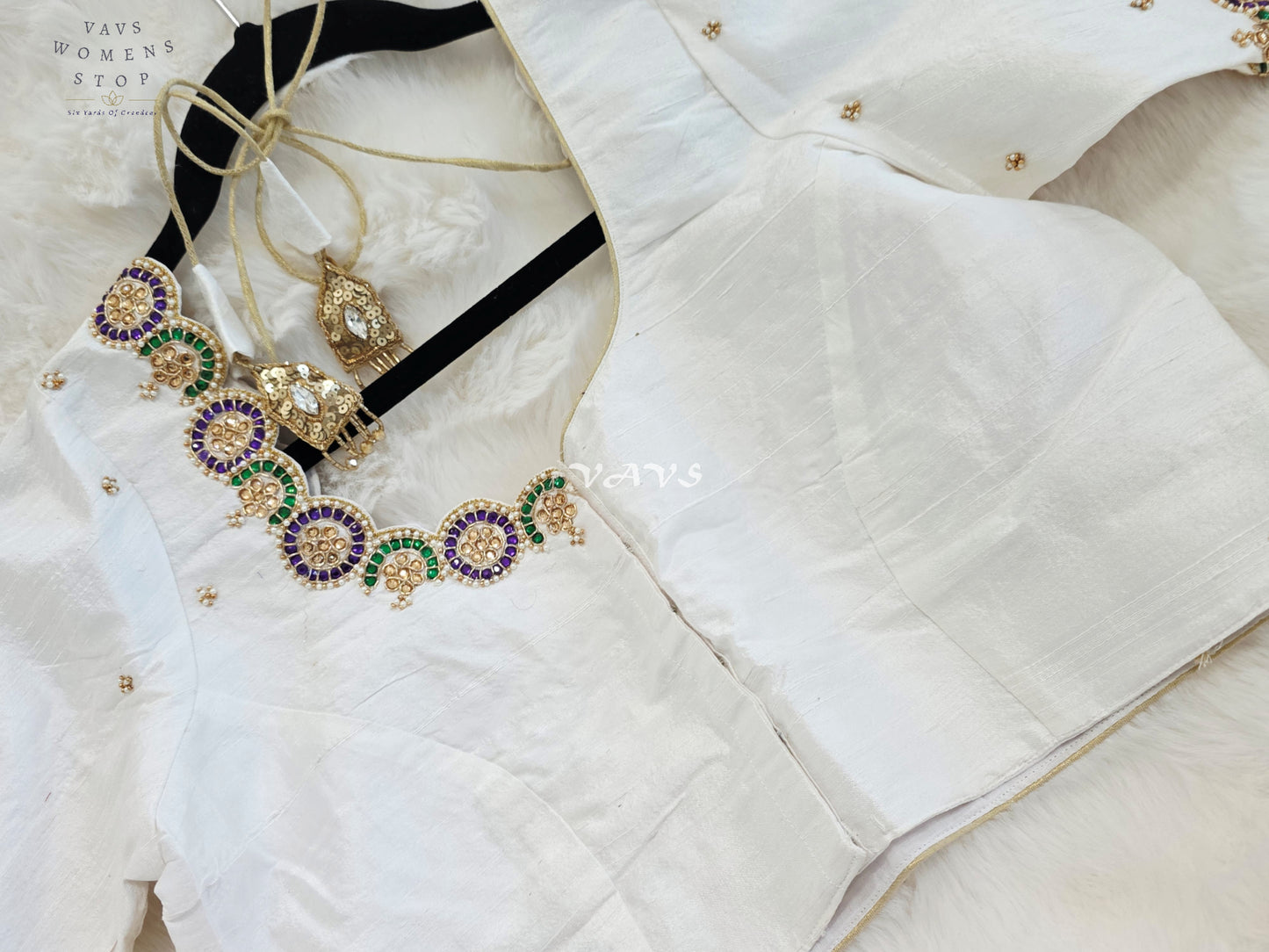 Royal Off White Pure Silk Maggam Hand Embroidered Peacock Blouse with Purple & Emerald Stone Work | Size 38-44