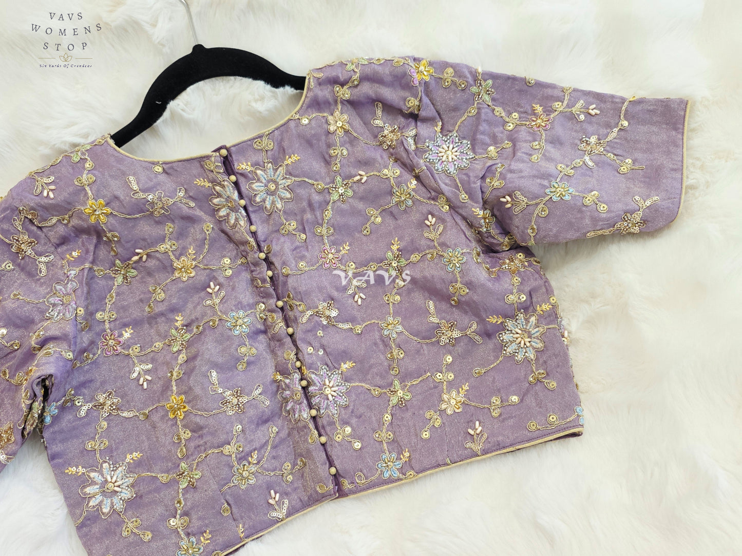 Royal Lavender Orchid Designer Tissue Embroidered Floral Blouse | Size 38-44