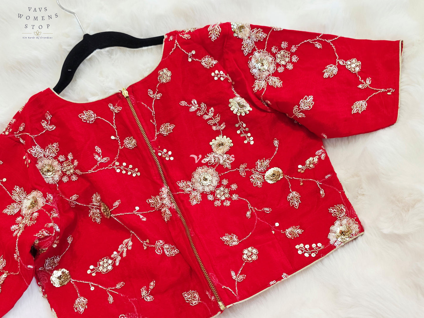 Royal Ruby Red Designer Chinon Silk Floral Sequins Embroidered Blouse
