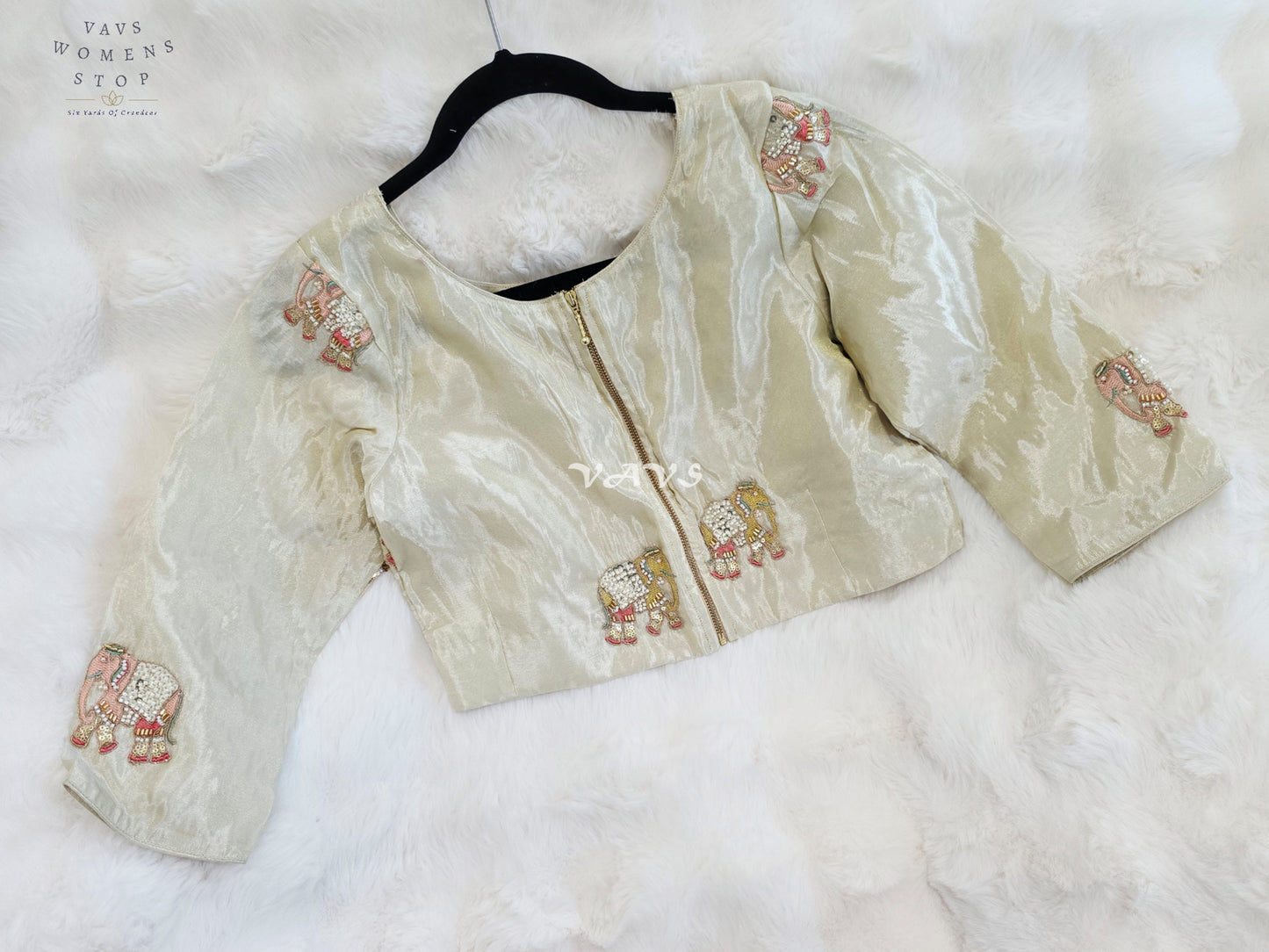 Royal Ivory Pearl Designer Tissue Blouse with Elephant Butta Embroidery