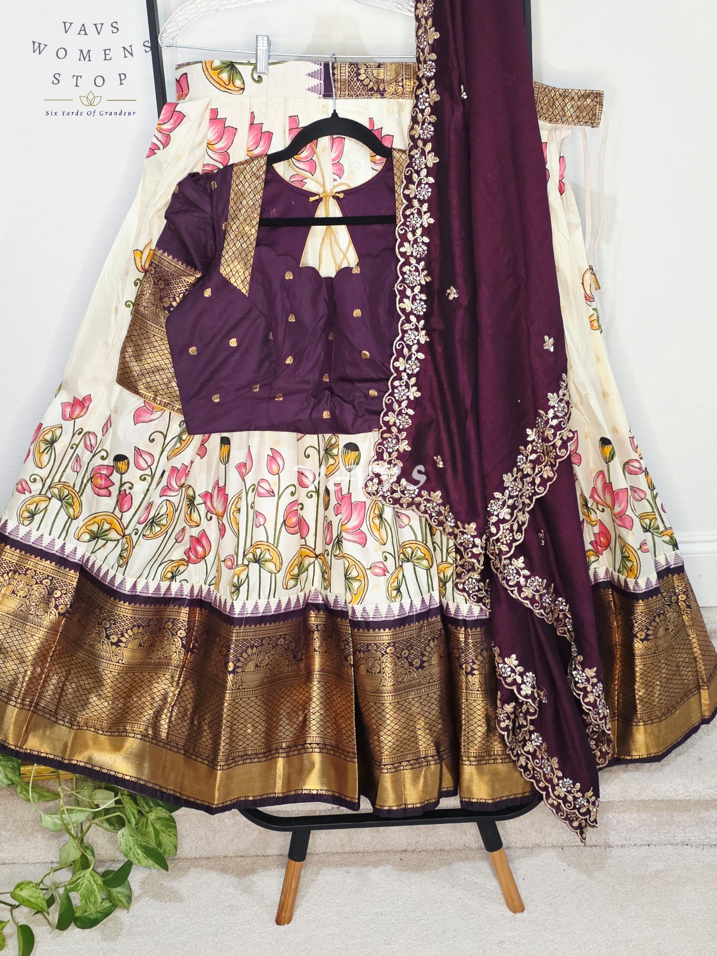 Royal Pearl Ivory Lotus Floral Semi Gadwal Lehenga Set with Deep Aubergine Chinon Chiffon Dupatta & Blouse Size 40–46