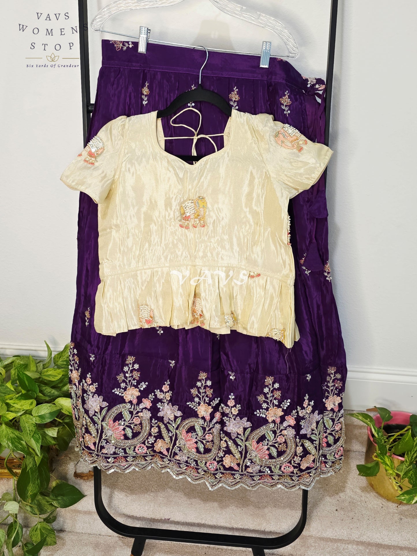 Royal Deep Amethyst Purple Premium Crepe Silk Embroidered Lehenga Set with Ivory Tissue Crop Top for Girls Ages 12–13