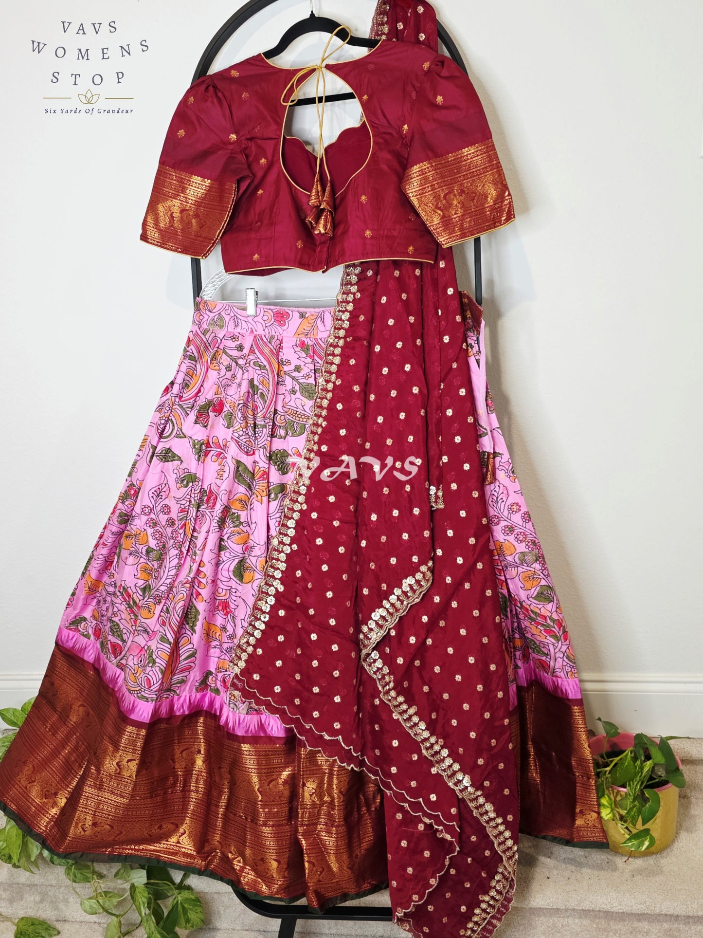 Royal Rose Blush Kalamkari Semi Gadwal Lehenga Set with Deep Wine Chinon Chiffon Dupatta & Blouse Size 38–44