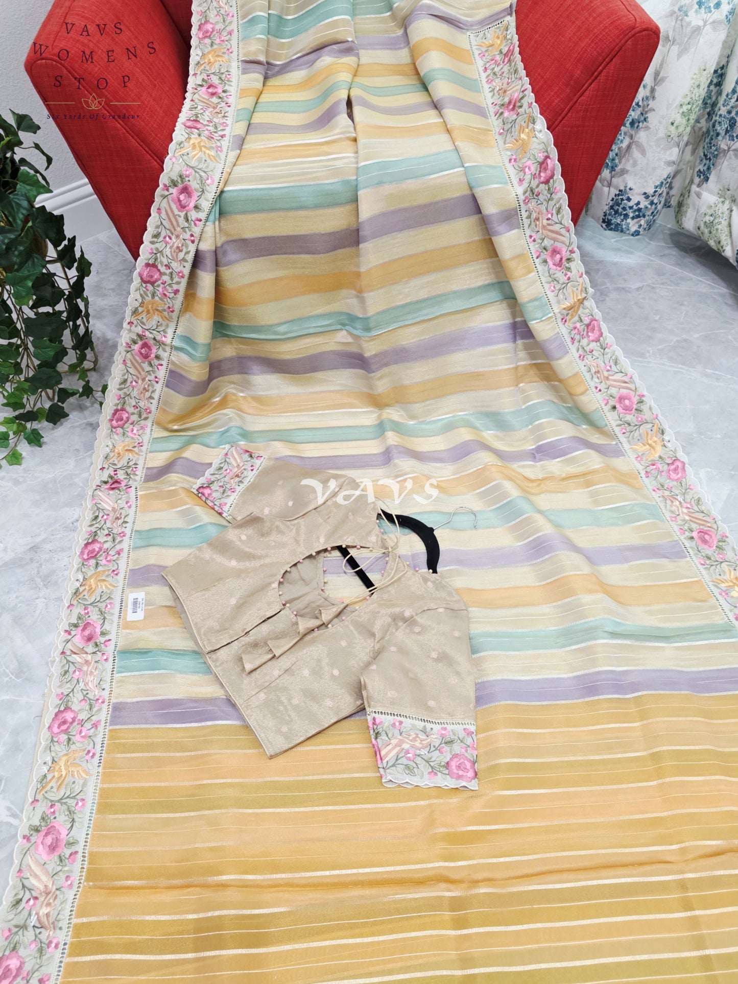 Soft Falling Tissue Stripes Designer Saree with Floral Border & Stitched Blouse