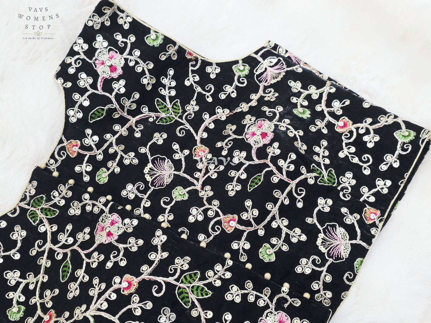 Royal Midnight Black Designer Spacesilk Sleeveless Floral Embroidered Partywear Blouse | Size 38-44