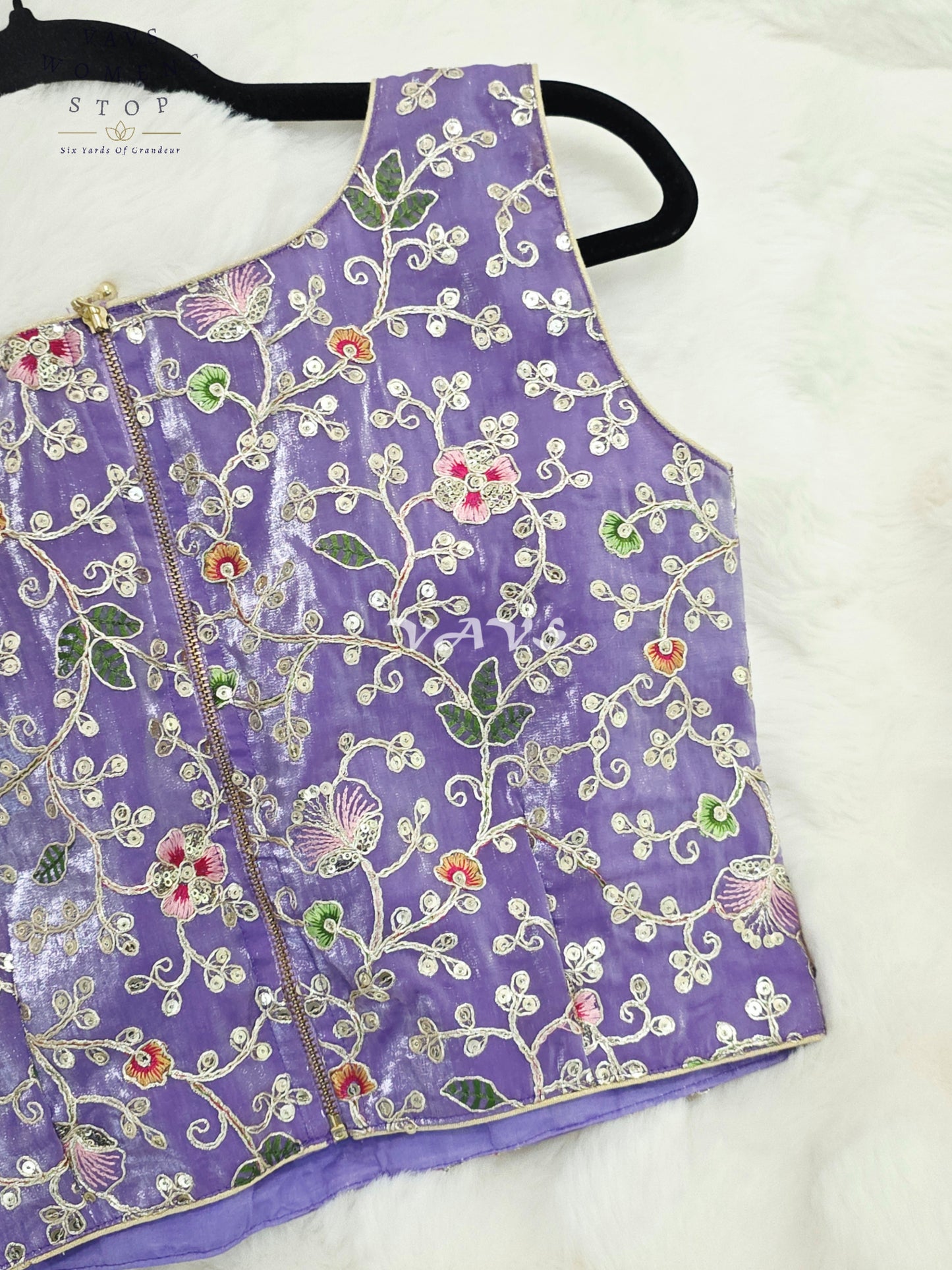 Royal Lavender Orchid Designer Spacesilk Sleeveless Floral Embroidered Partywear Blouse | Size 34-40