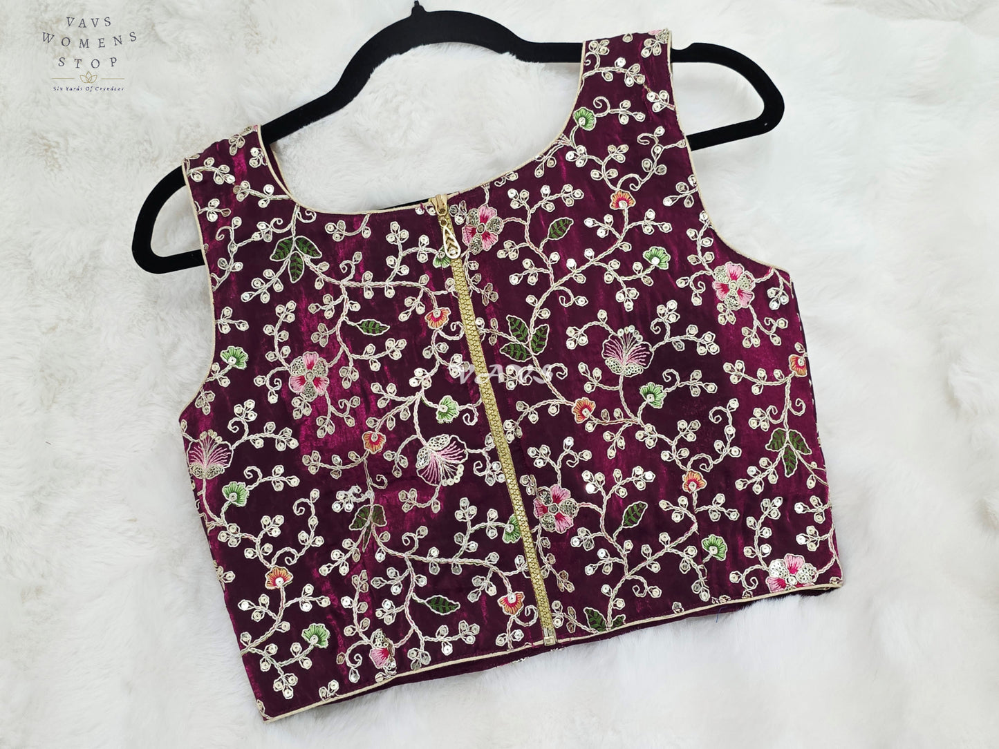 Royal Plum Wine Designer Spacesilk Floral Embroidered Sleeveless Partywear Blouse | Size 36-42
