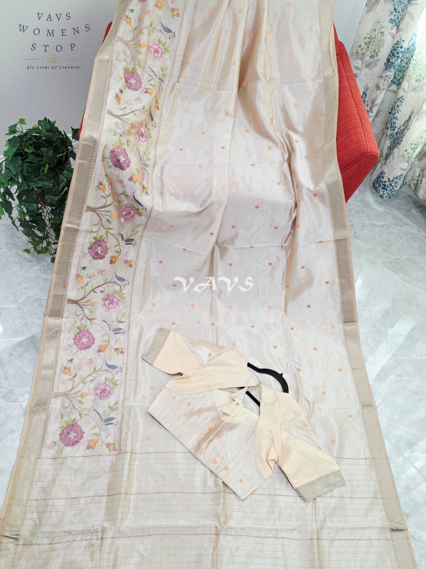 Royal Pearl Ivory Mangalagiri Silk Cotton Handloom Saree with Bird Embroidered Floral Border & Stitched Blouse Size 38-44