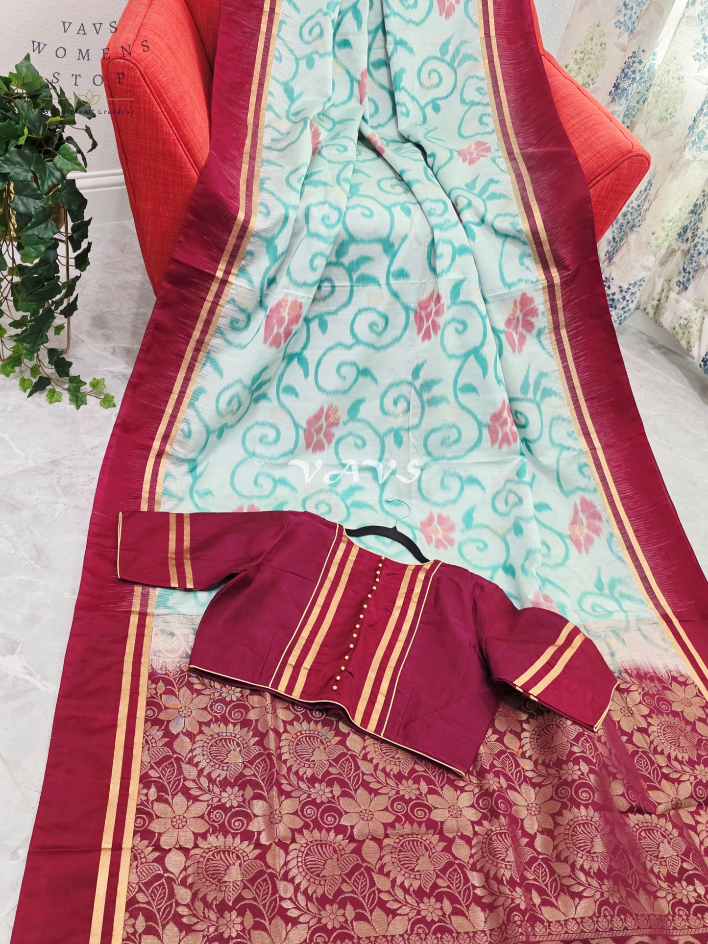 Royal Mint Aqua Ahimsa Vegan Silk Pochampally Design Soft Silk Saree with Rich Wine Zari Border & Stitched Blouse Size 40-46