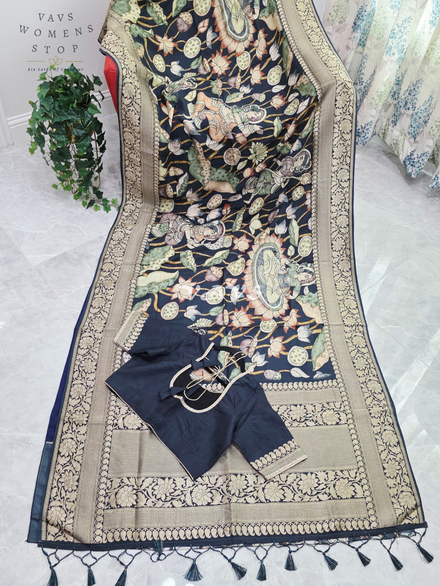 Midnight Navy Pure Munga Crepe Kalamkari Saree with Antique Gold Border & Stitched Blouse Size 42-48