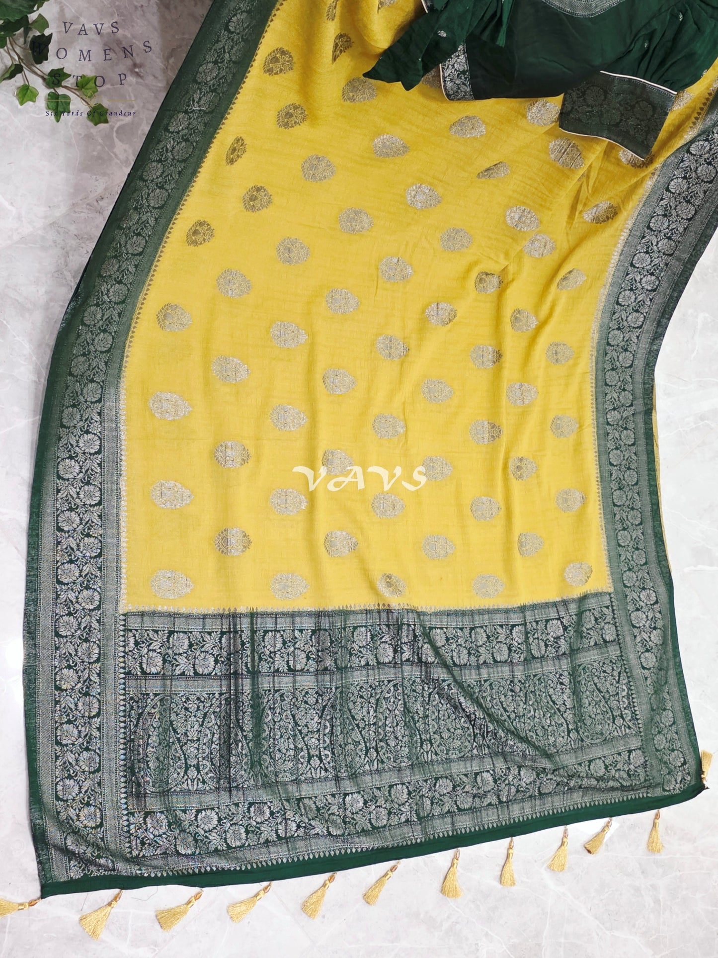 Royal Pear Chartreuse Semi Tussar Georgette Saree with Forest Green Silver Zari Border & Puff Sleeve Stitched Blouse Size 36-42