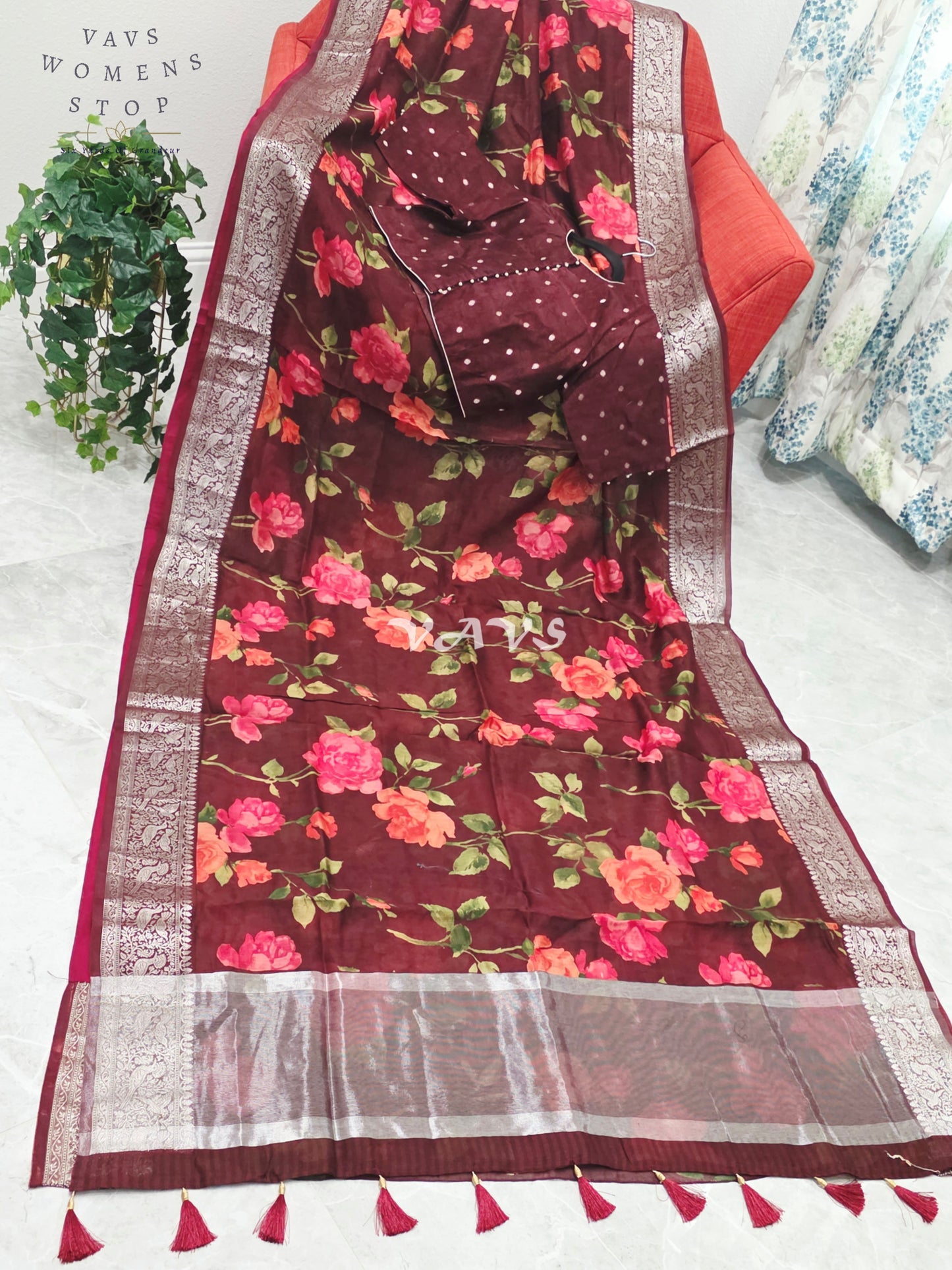 Royal Burgundy Wine Floral Print Chanderi Linen Cotton Style Saree with Stitched Blouse Size 40-46