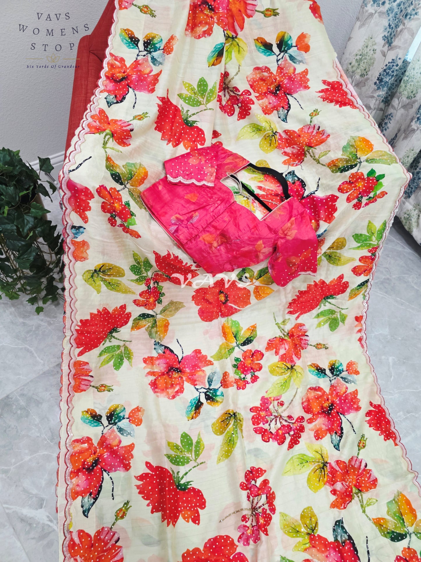 Royal Ivory Garden Soft Russian Crepe Silk Floral Sequins Saree with Rani Pink Stitched Blouse Size 36-42