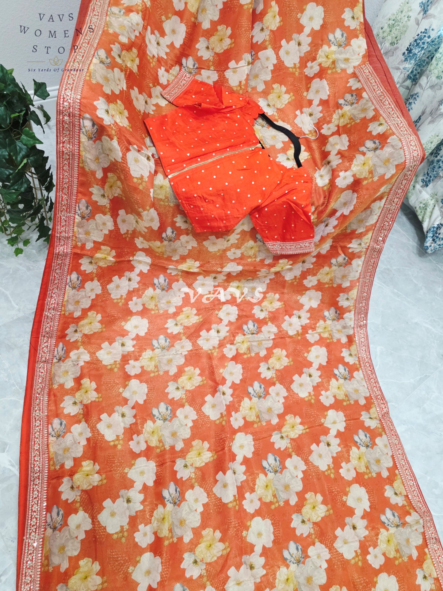 Sunset Tangerine Floral Viscose Crepe Silk Tissue Saree with Embellished Border & Stitched Blouse Size 36-42