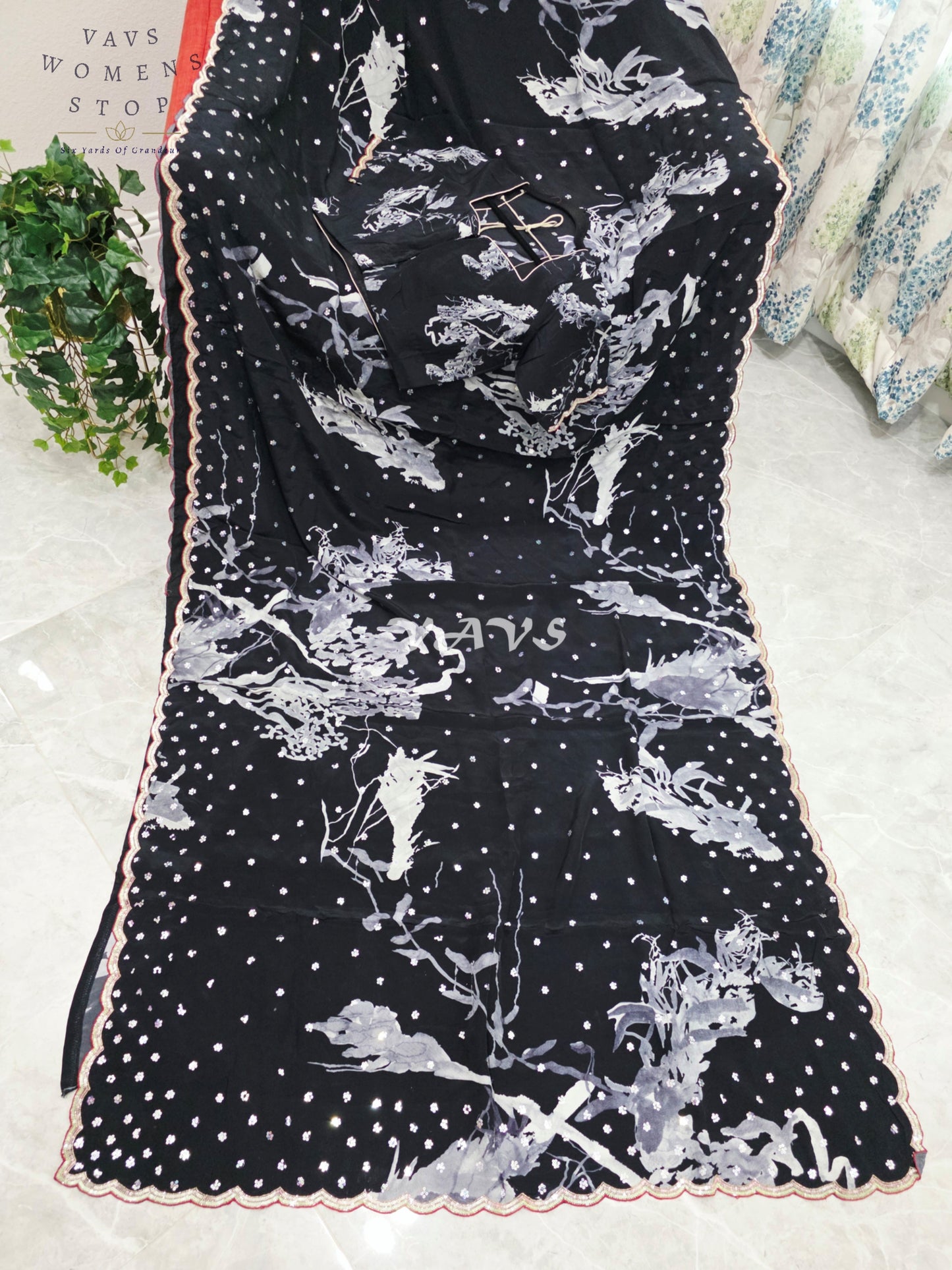 Royal Midnight Black Pure Crepe Silk Floral Sequins Designer Saree with Stitched Blouse Size 38-44