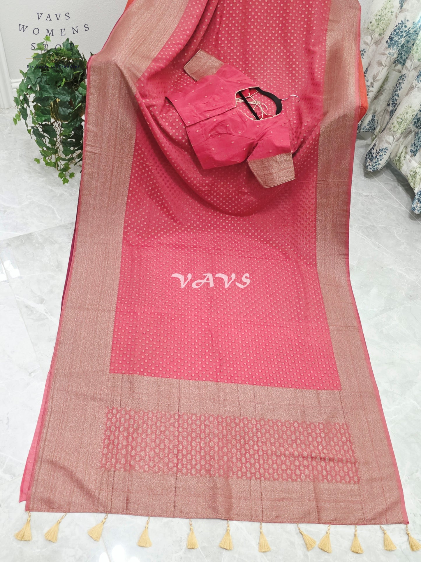 Royal Coral Rose Antique Zari Chiffon Georgette Saree with Stitched Blouse Size 34-40