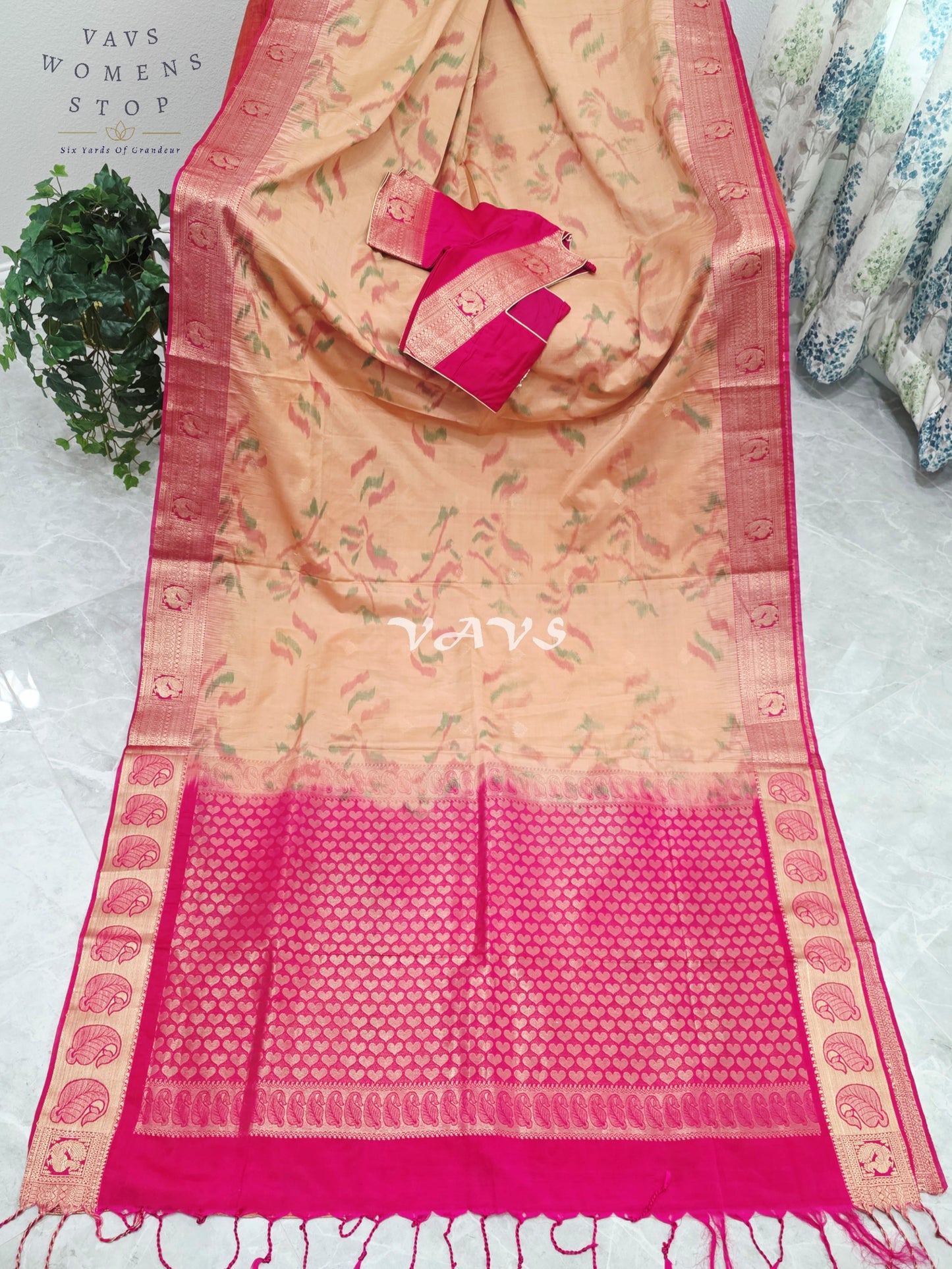 Royal Champagne Gold & Rani Pink Ahimsa Vegan Silk Pochampally Soft Silk Saree with Stitched Blouse Size 38-44
