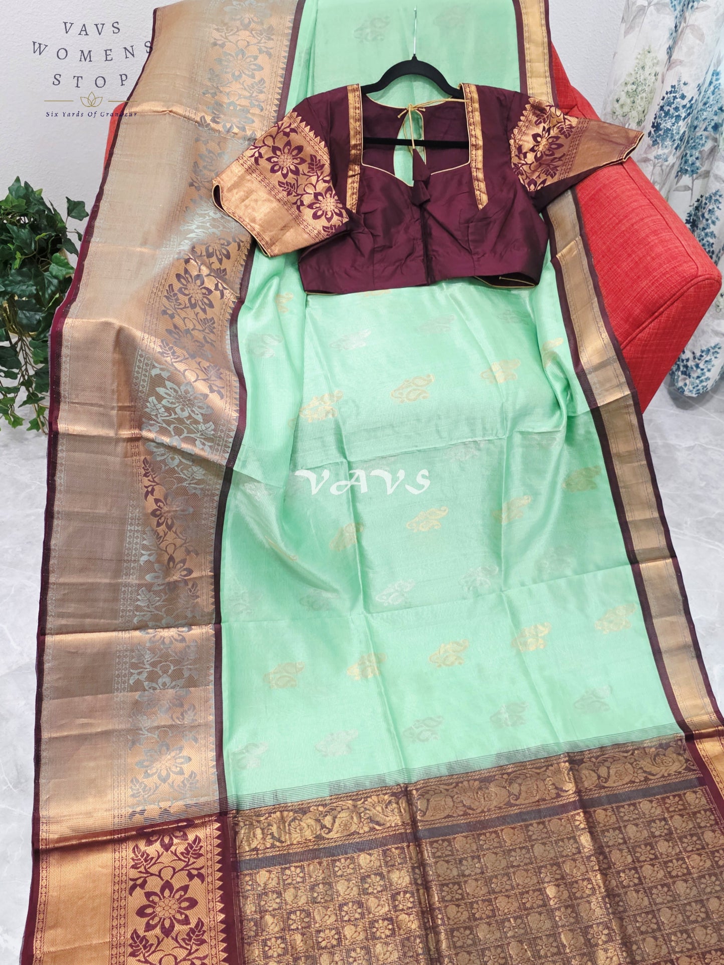 Mint Pistachio Green Mangalagiri Pattu Silk Cotton Handloom Saree with Antique Gold & Wine Border, Stitched Blouse Size 42-48