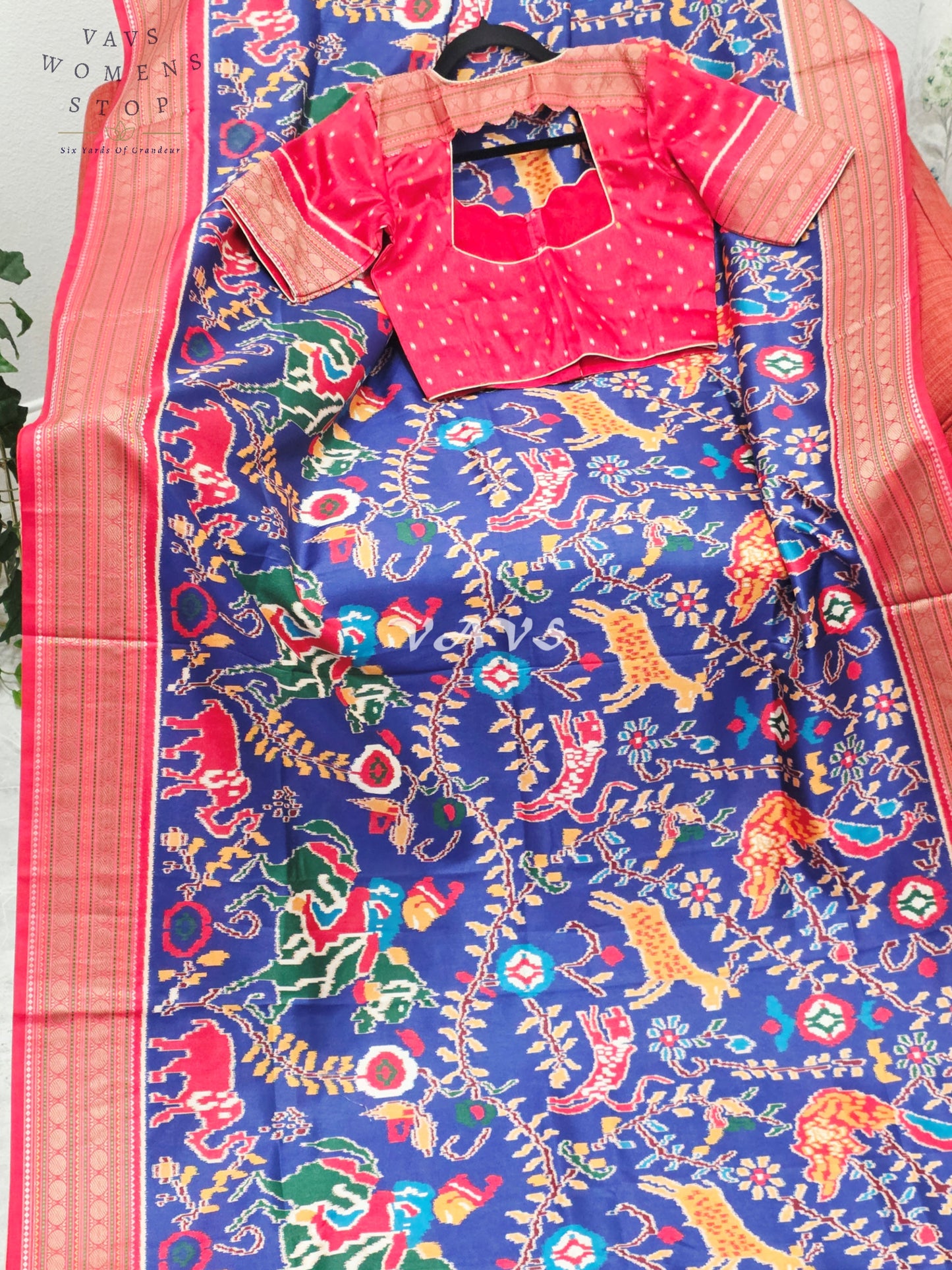Royal Sapphire Blue Patola Print Soft Silk Saree with Heritage Elephant Pallu & Ruby Red Stitched Blouse Size 34-40