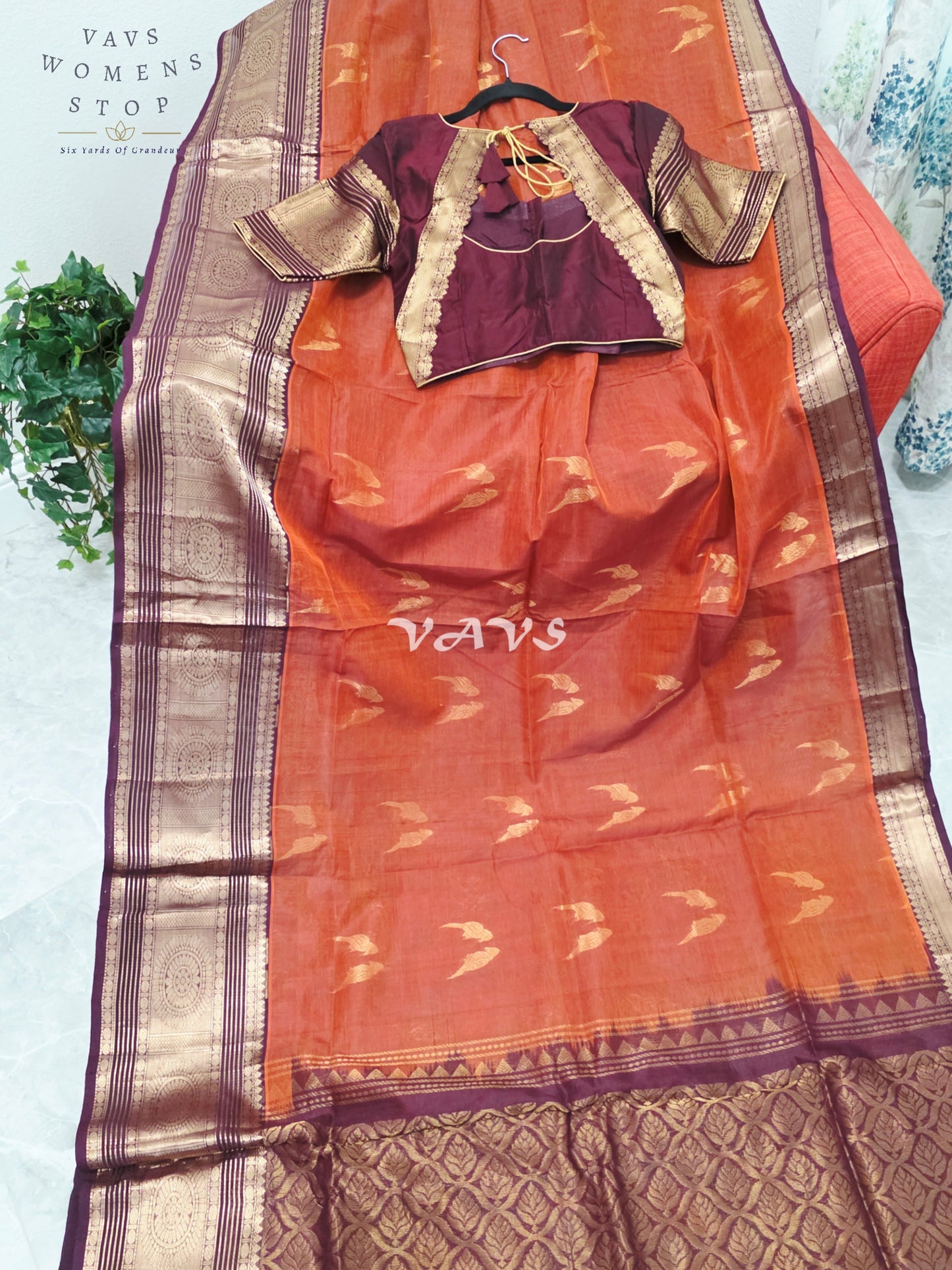 Royal Burnt Sienna & Merlot Wine Handloom Mangalagiri Pattu Silk Cotton Saree with Stitched Blouse