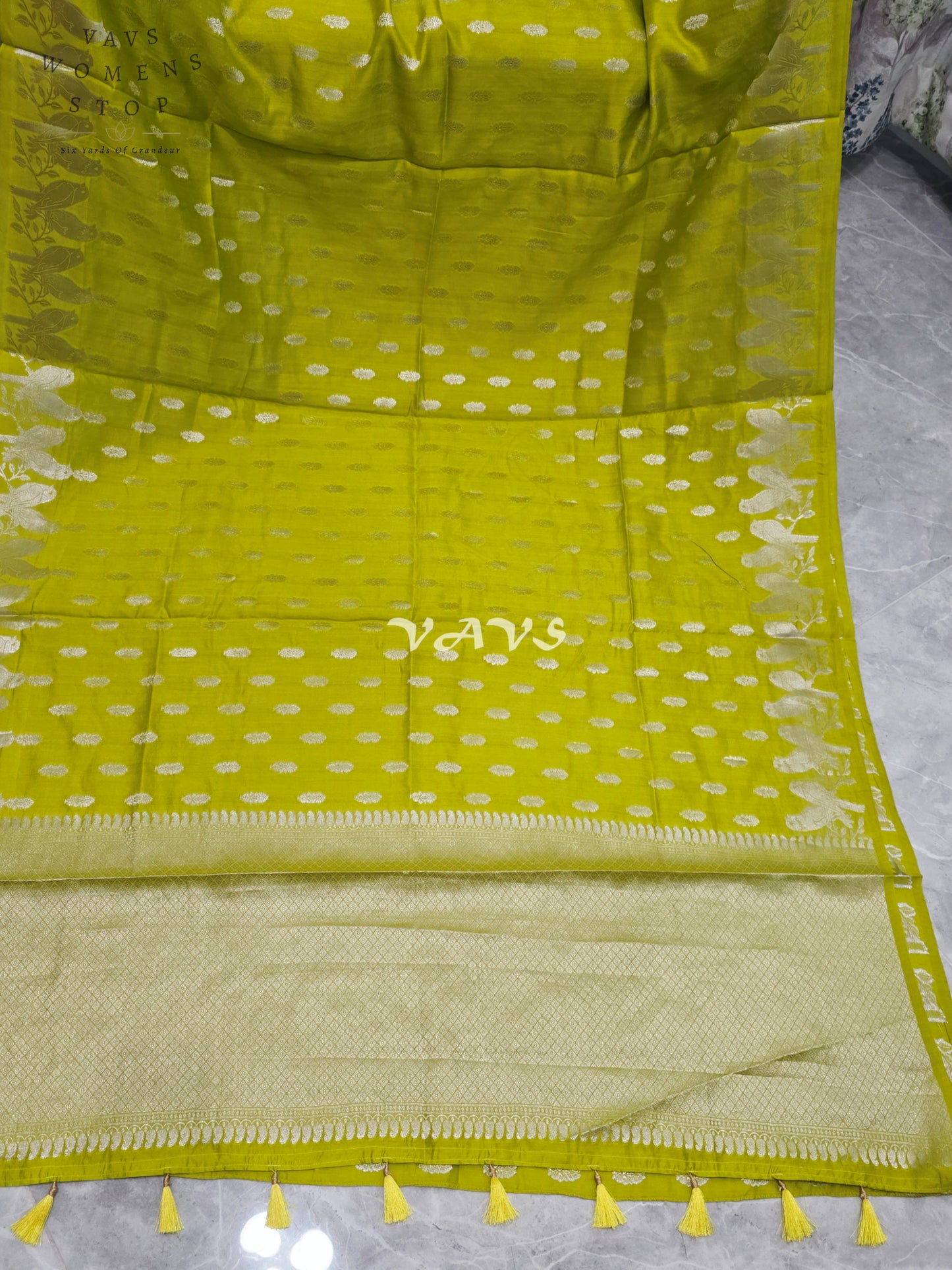 Luminous Parrot Lime Pure Kora Chiniya Pattu Silk Saree with Parrot Creeper Border & Stitched Blouse Size 36-42