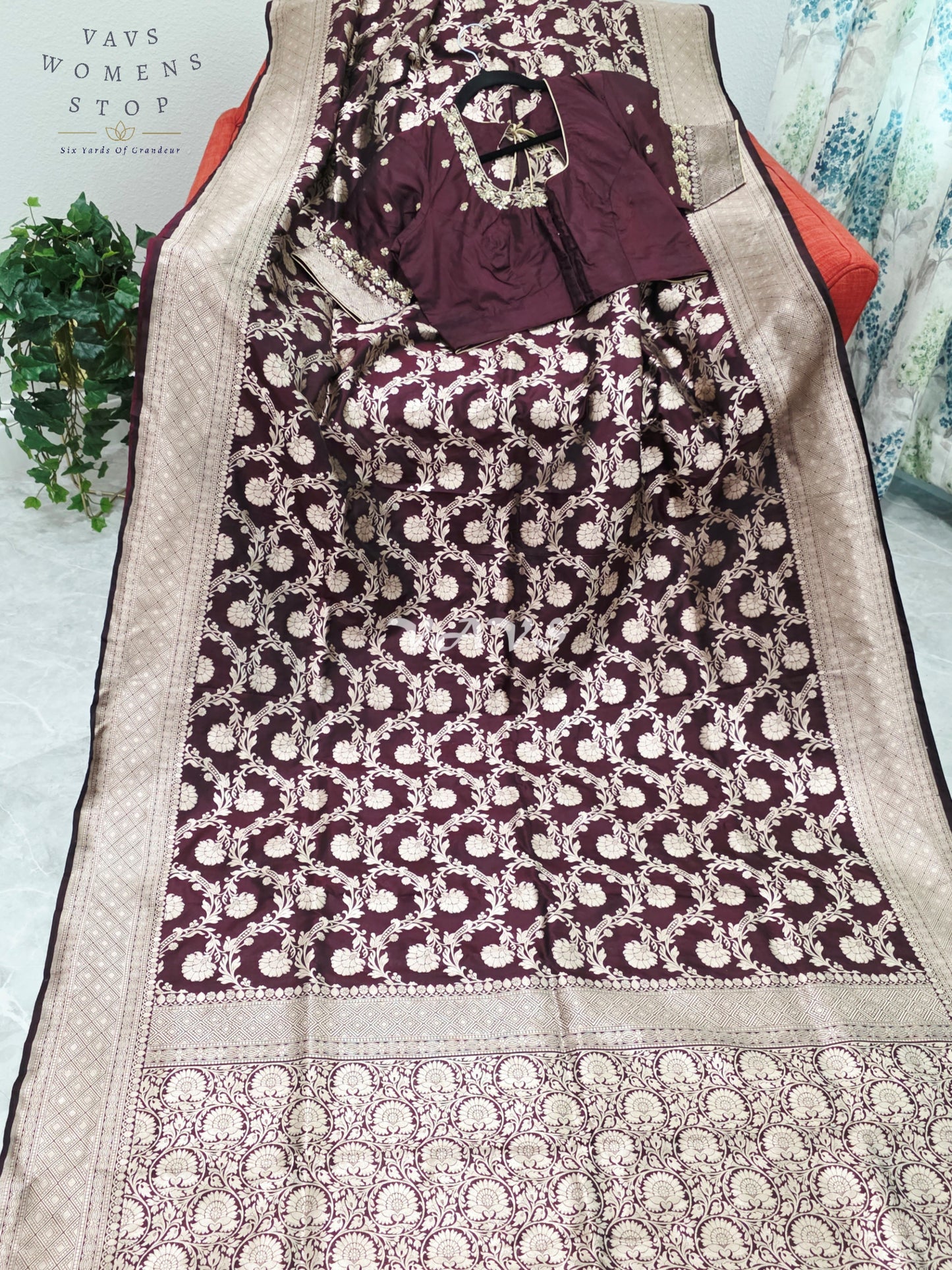 Regal Espresso Wine Pure Benarasi Katan Silk Saree with Antique Gold Zari & Maggam Blouse Size 40-46