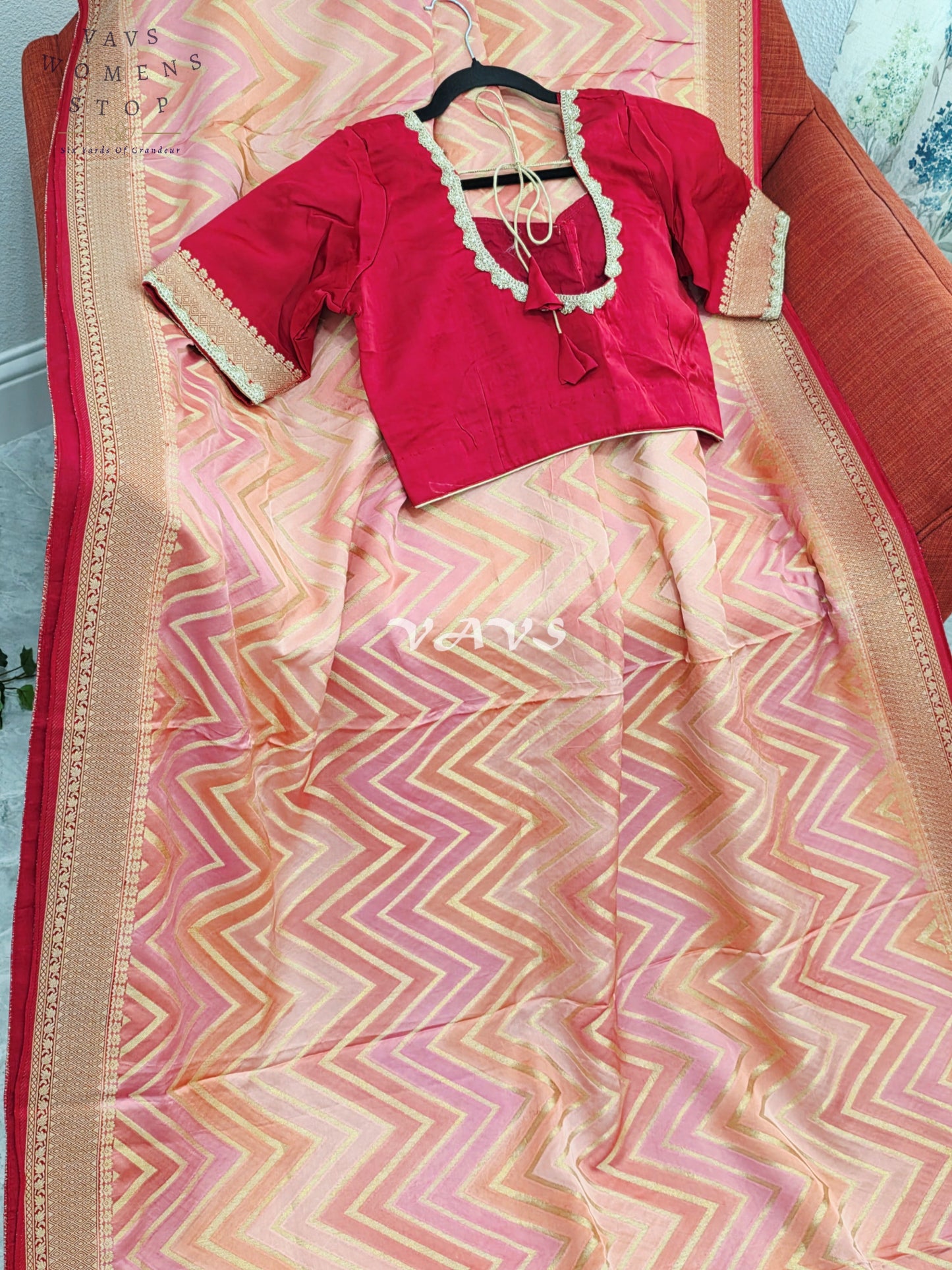 Blush Peach & Rose Pink Pure Munga Crepe Silk Chevron Saree with Antique Gold Border & Stitched Blouse Size 40-46