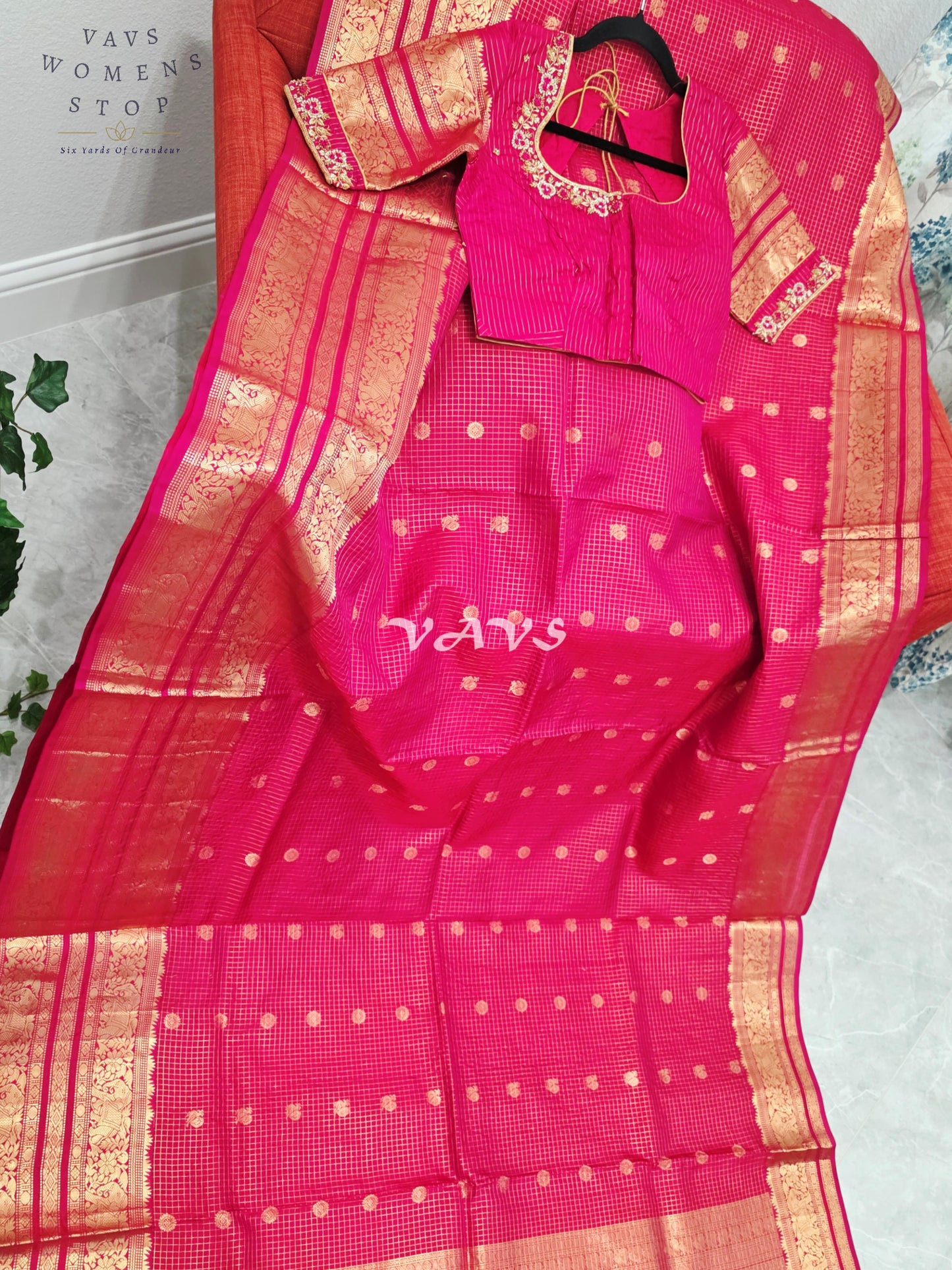 Royal Rani Pink Vintage Checks Pure Kanchi Soft Silk Saree with Antique Gold Zari & Maggam Blouse Size 34-40