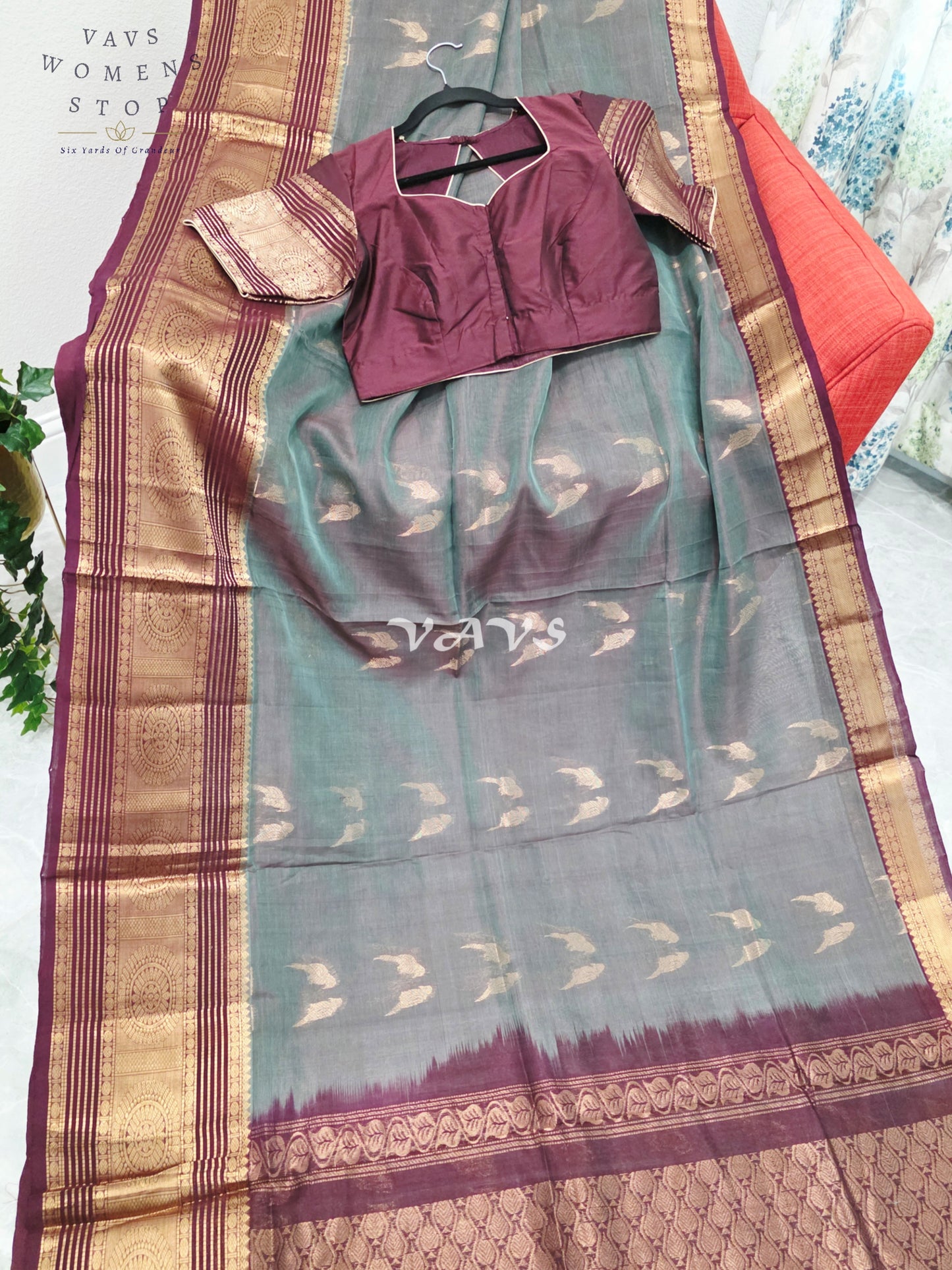 Regal Smoky Teal & Wine Handloom Mangalagiri Pattu Silk Cotton Saree with Stitched Blouse