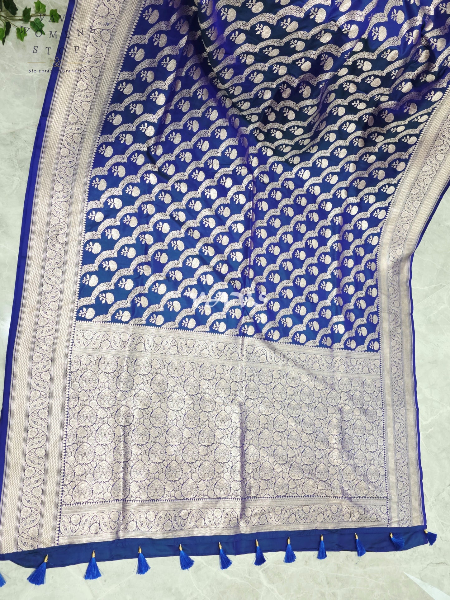 Royal Cobalt Blue Pure Benarasi Katan Silk Saree with Silver Zari Weave & Maggam Blouse Size 38-44