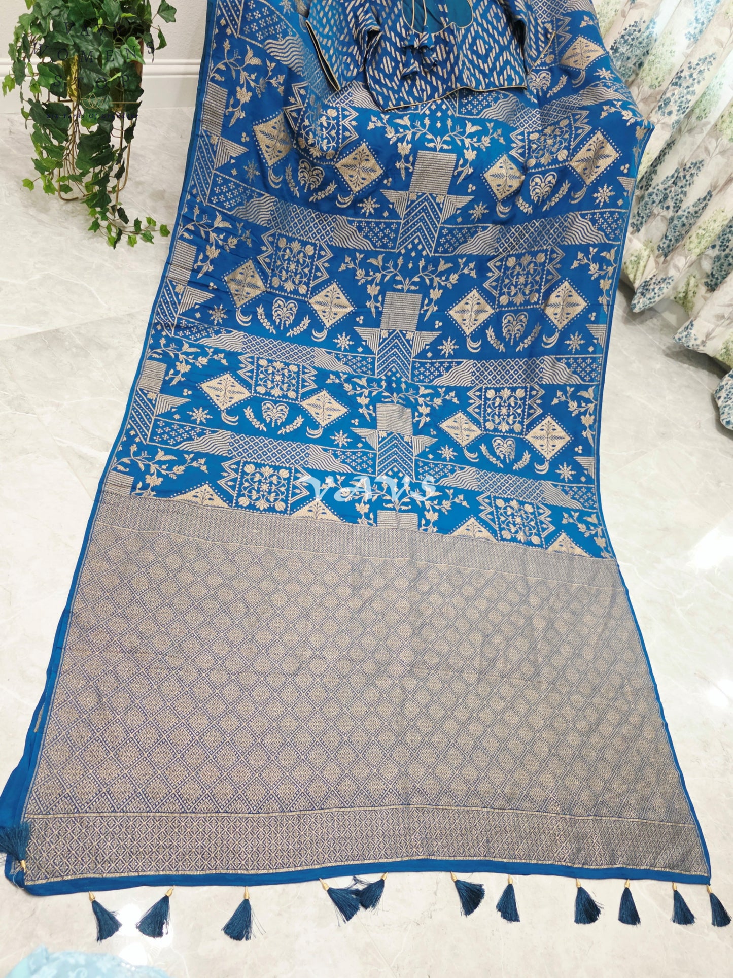 Royal Cobalt Blue Borderless Pure Crepe Khaddi Georgette Saree with Antique Gold Woven Design & Stitched Blouse Size 38-44