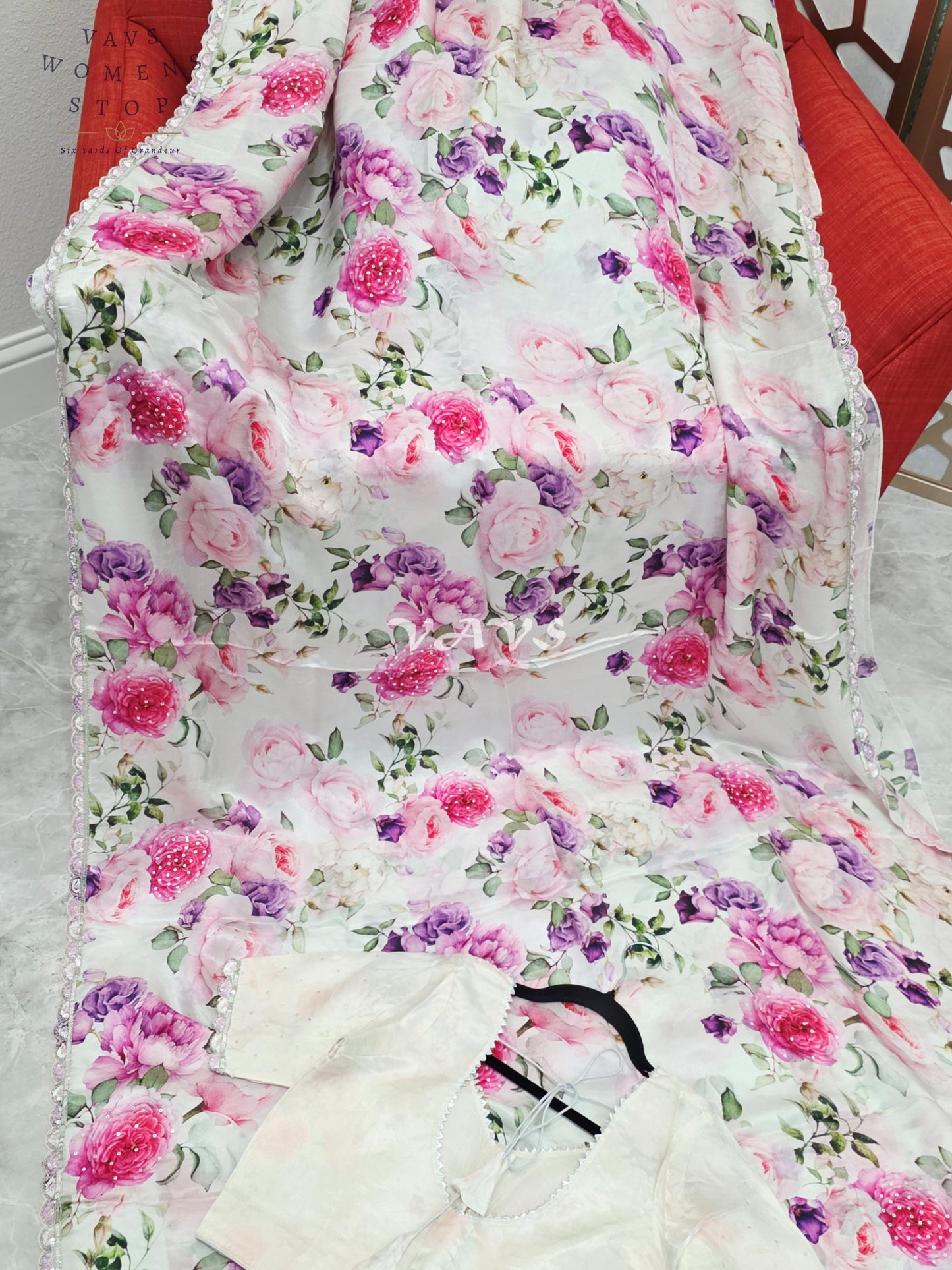 Pearl Ivory Floral Pure Crepe Silk Saree with Sequin Scallop Border & Stitched Blouse Size 36-42