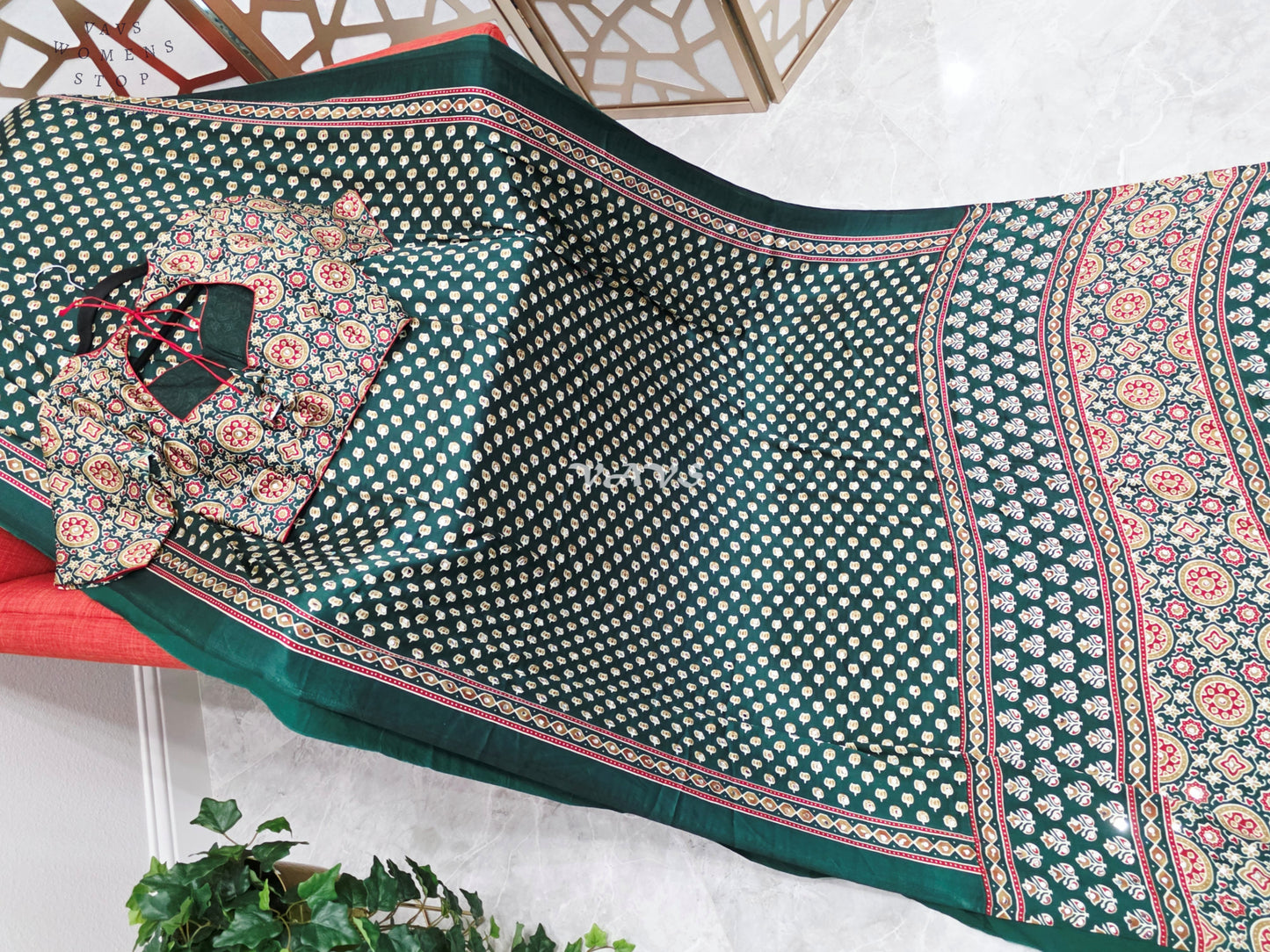 Regal Emerald Forest Green Ajrakh Semi Modal Silk Saree with Original Mirror Work & Stitched Blouse Size 36-42