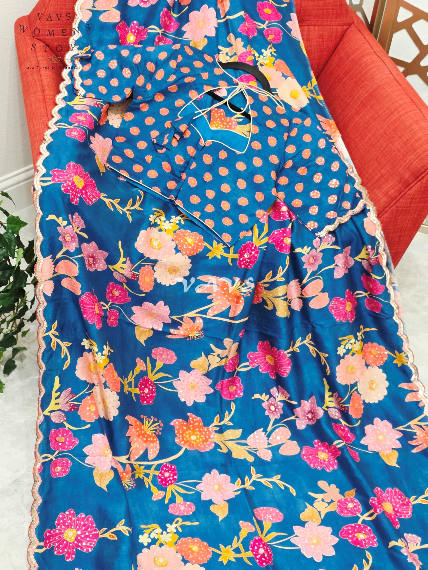 Royal Peacock Teal Soft Russian Crepe Silk Floral Saree with Sequin Scallop Border & Stitched Blouse Size 38-44