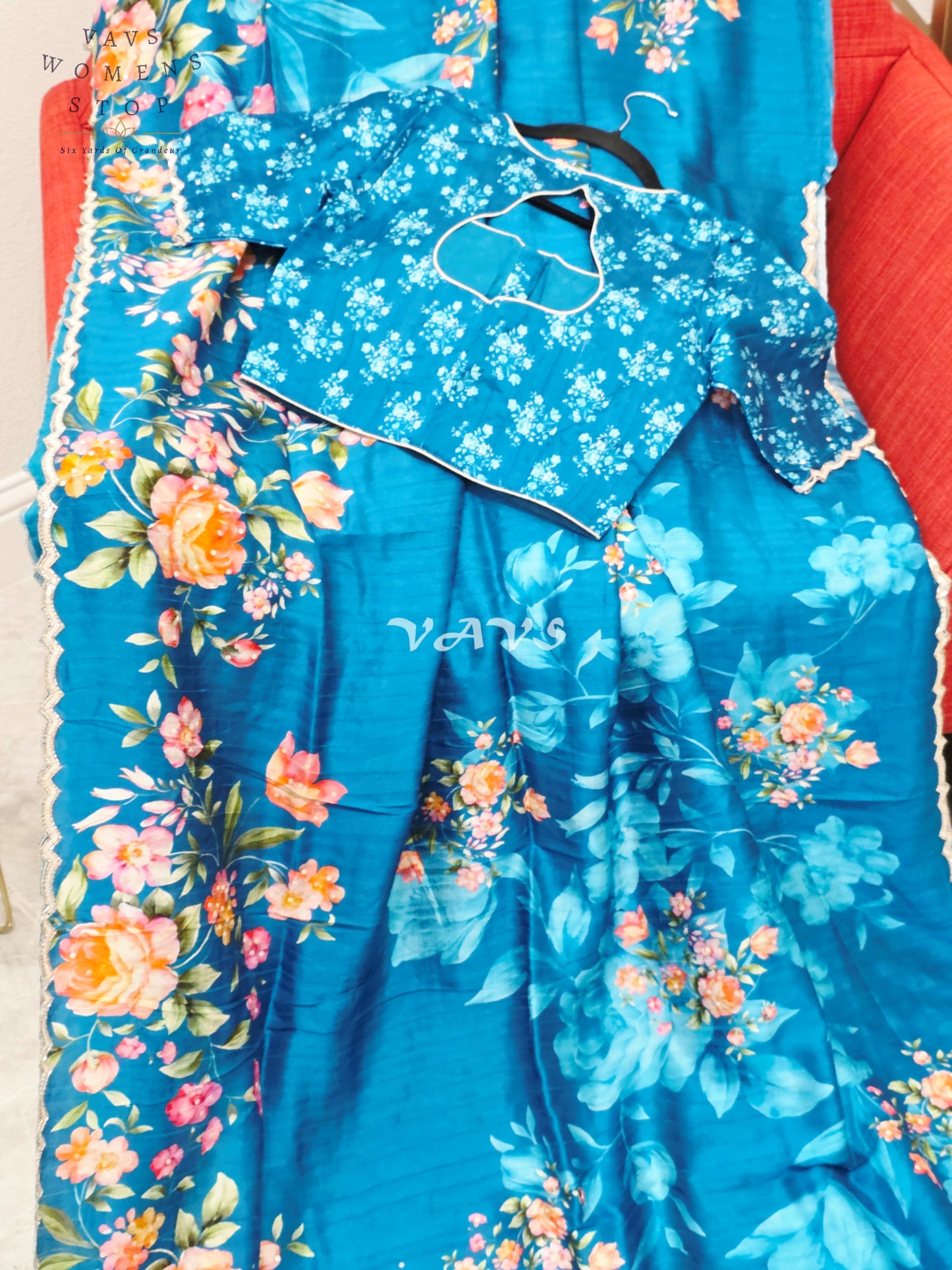 Regal Peacock Teal Floral Russian Crepe Silk Saree with Sequin Scallop Border & Stitched Designer Blouse