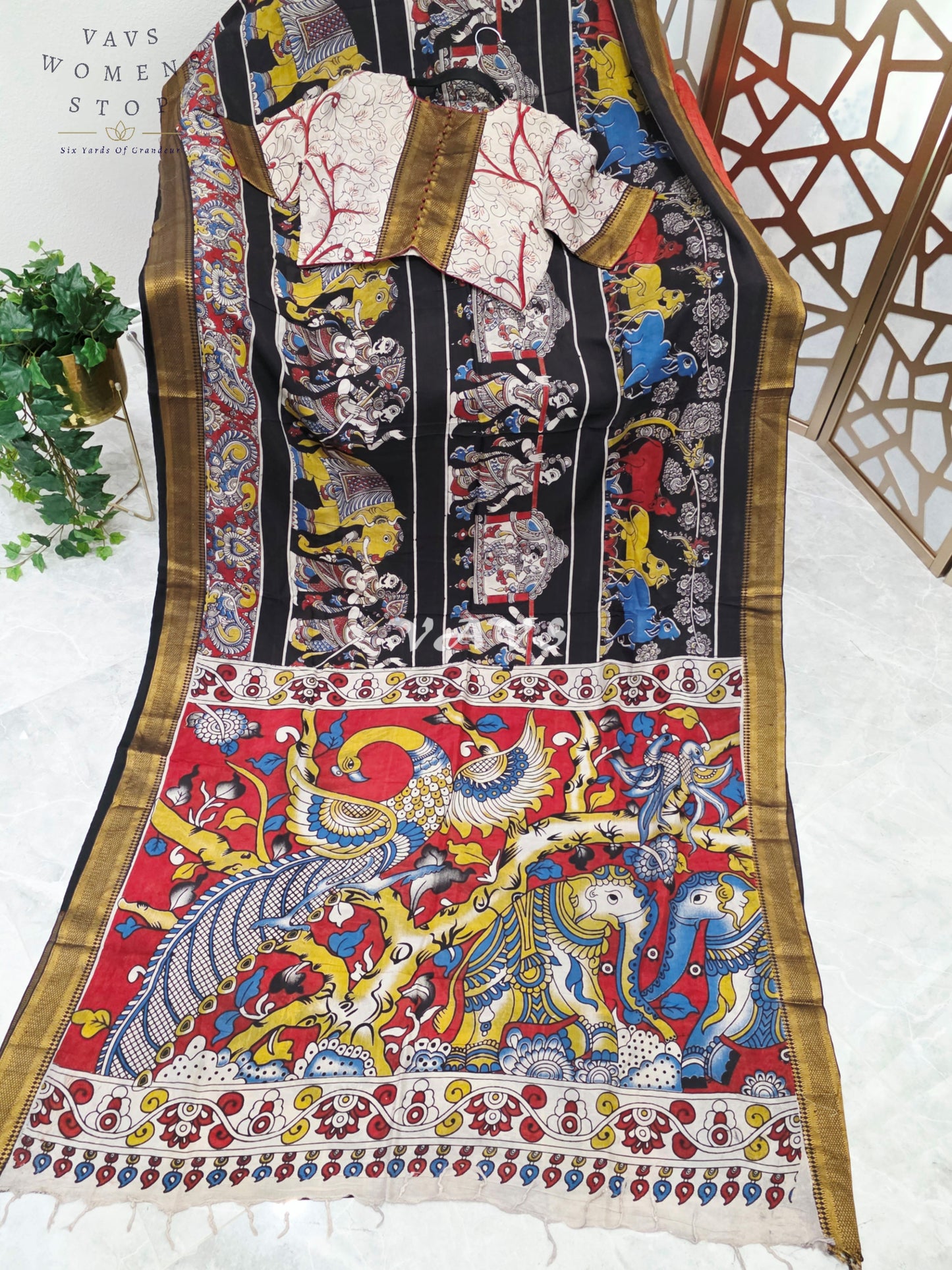 Regal Midnight Black Nizam Border Kalamkari Saree with Vermilion Heritage Pallu & Premium Stitched Blouse