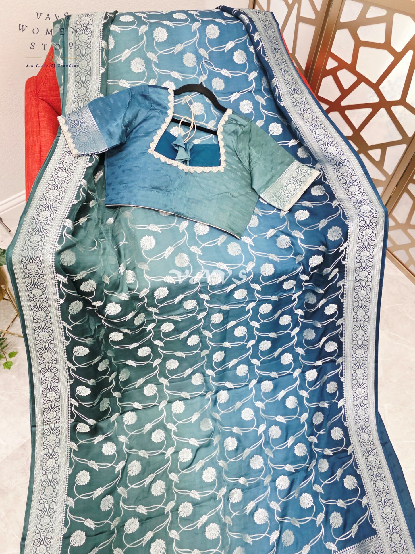 Regal Peacock Teal Ombré Munga Crepe Silk Saree with Silver Floral Weave & Stitched Designer Blouse