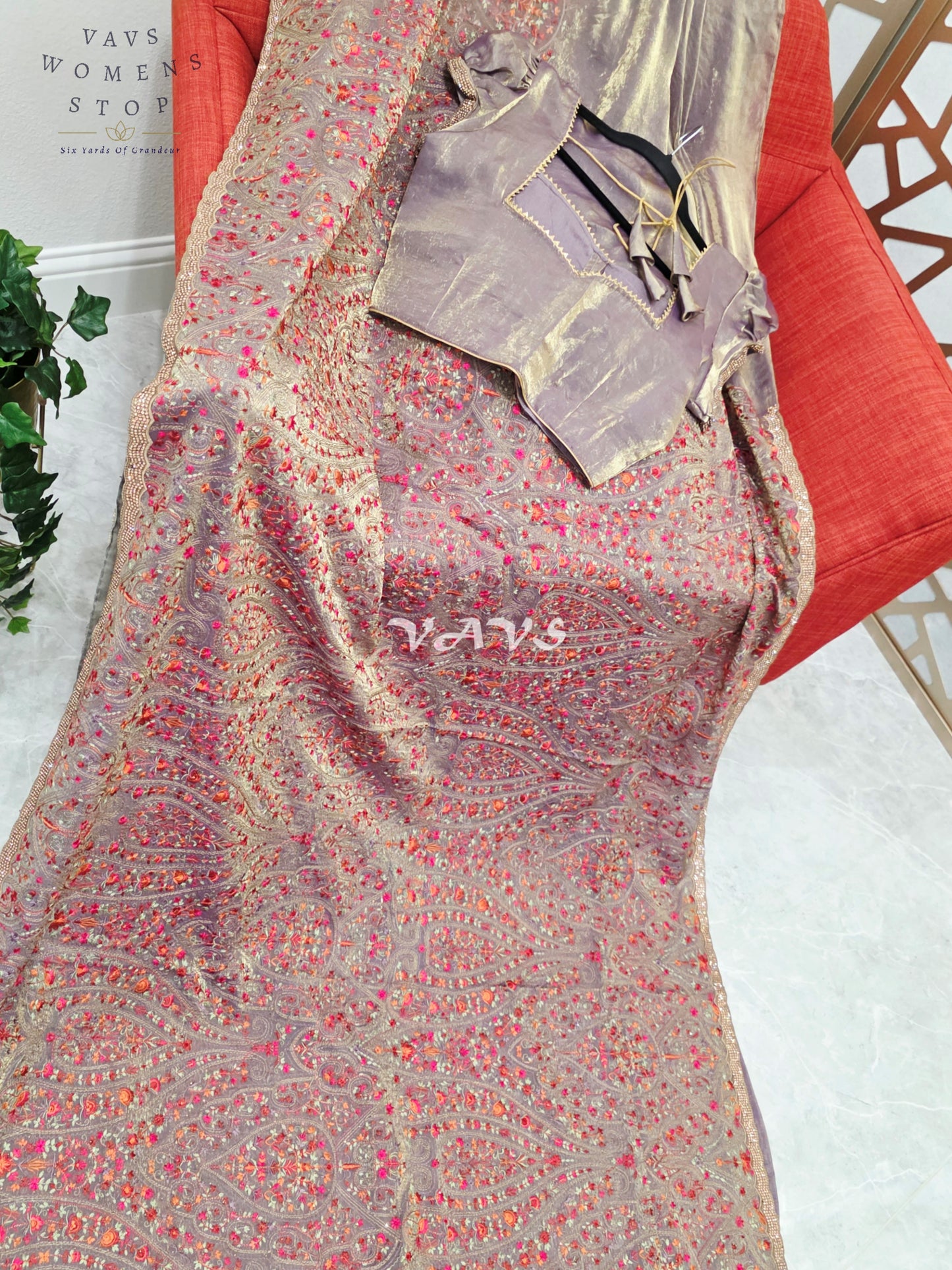 Regal Smoky Mauve Taupe Space Silk Saree with Jewel-Tone Paisley Embroidery, Mukaish Border & Puff-Sleeve Blouse