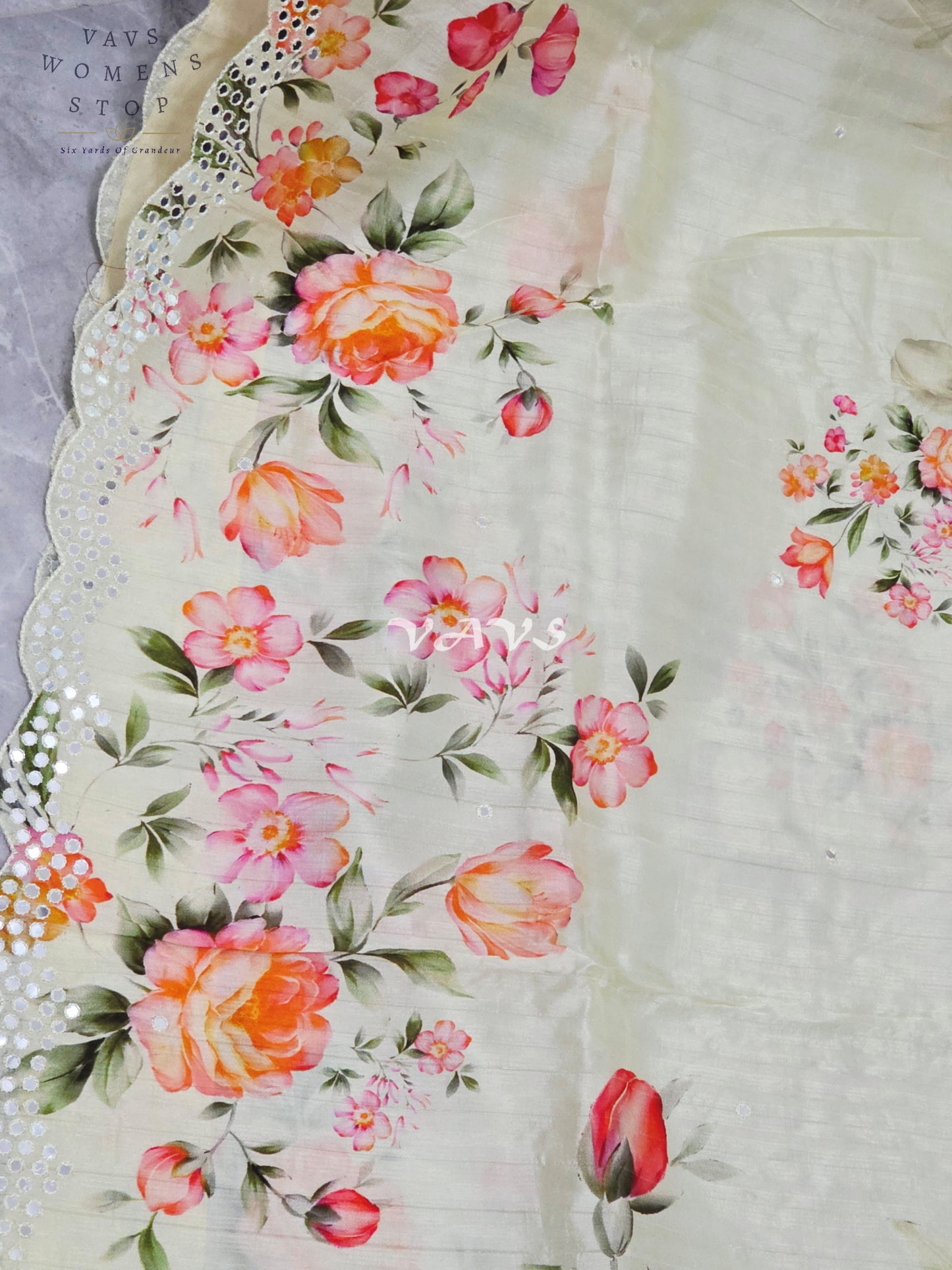Regal Pearl Ivory Floral Russian Crepe Silk Saree with Scalloped Foil Mirror Border & Sleeveless Stitched Blouse