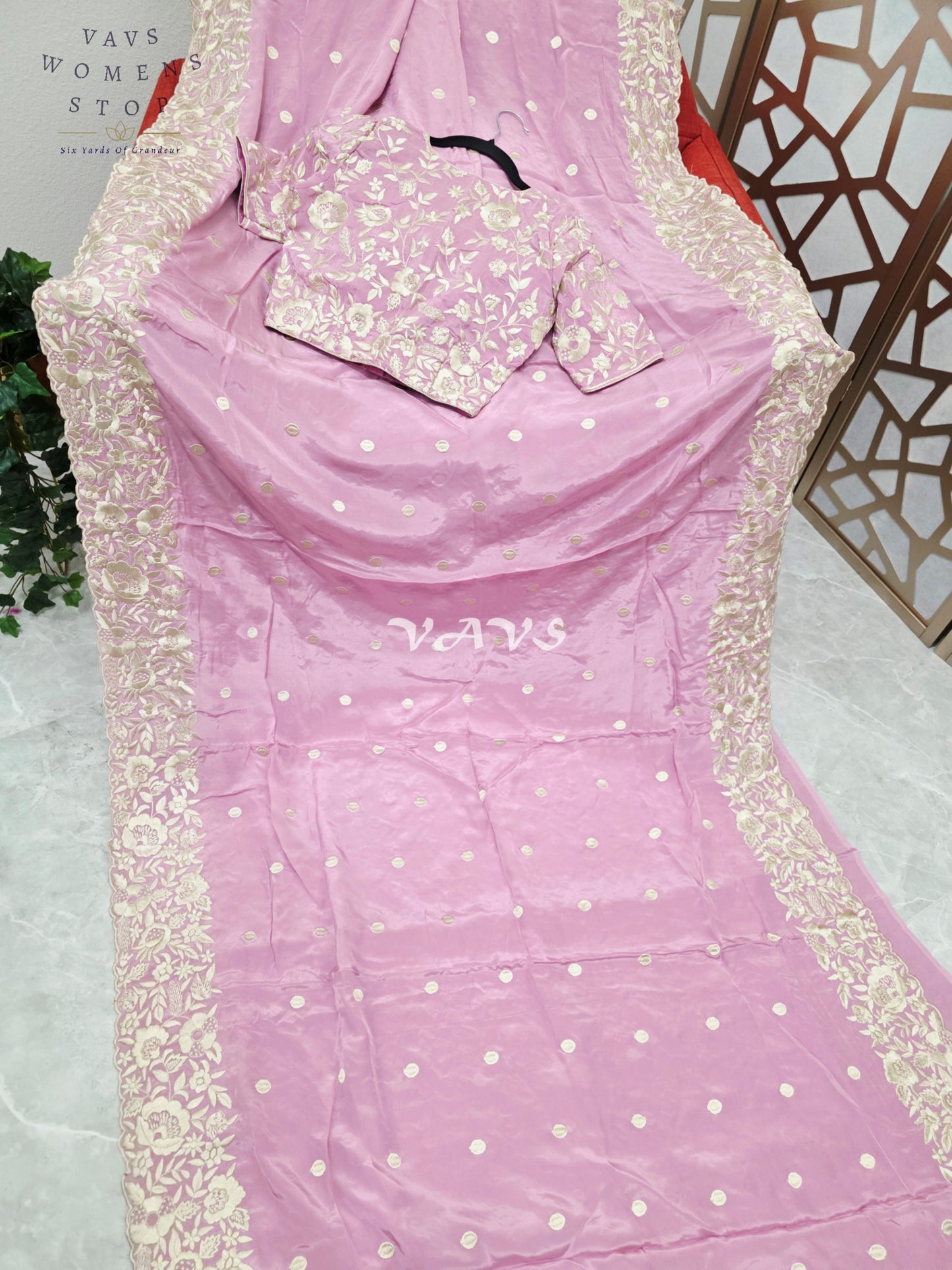 Regal Dusty Lilac Rose Pure Crepe Saree with Ivory Parsi Gara Embroidery & Stitched Blouse