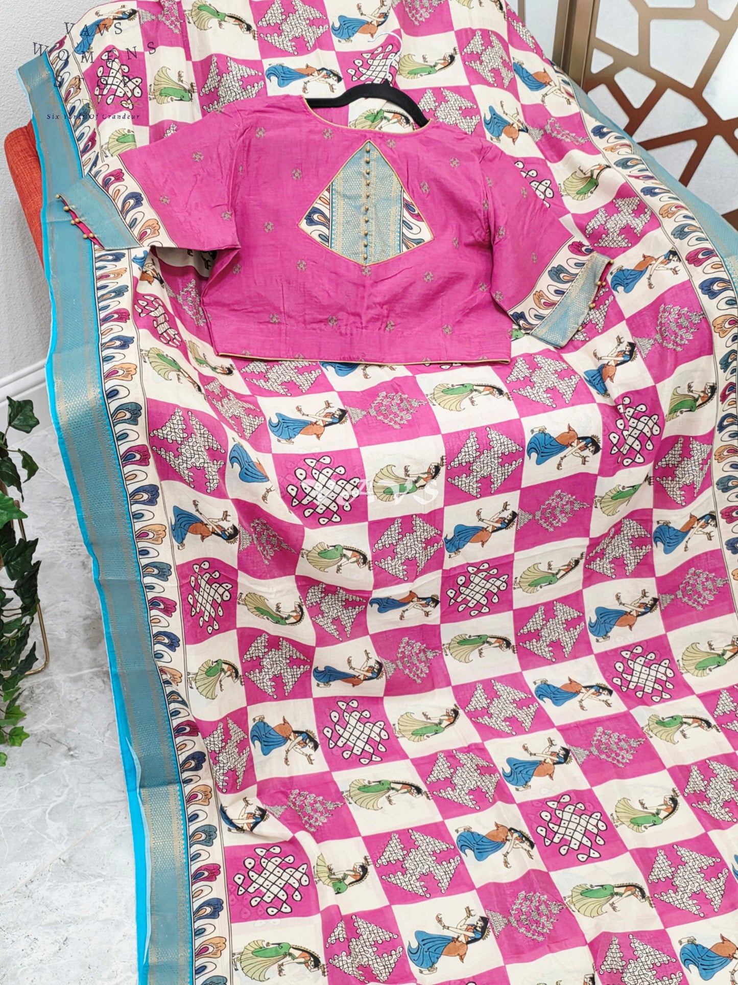 Regal Rani Pink & Turquoise Nizam Border Kalamkari Silk Saree with Kollam Buttas, Girl Figurine Print & Stitched Blouse