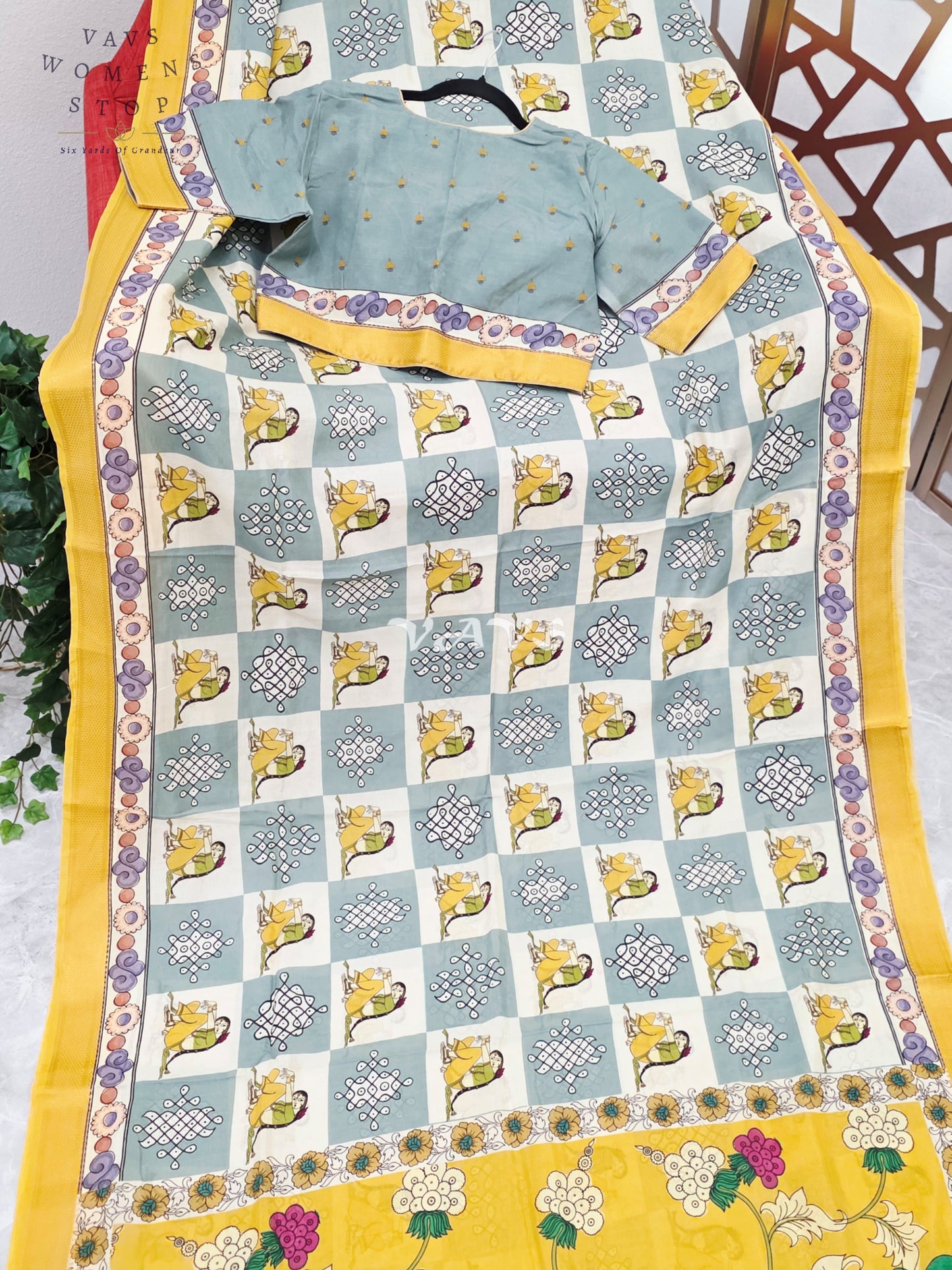Regal Mist Blue & Pearl Ivory Kalamkari Silk Saree with Sunflower Yellow Nizam Border & Stitched Blouse Size 40-46
