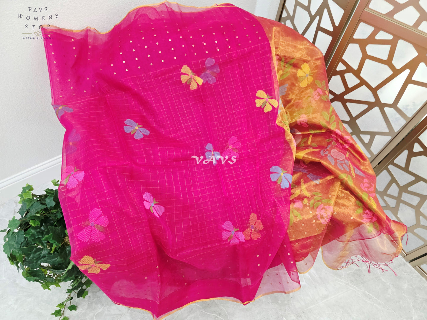 Regal Rani Pink Pure Muslin Silk Saree with Sequin Work, Butterfly Motifs & Antique Gold Paithani Pallu with Unstitched Blouse Piece