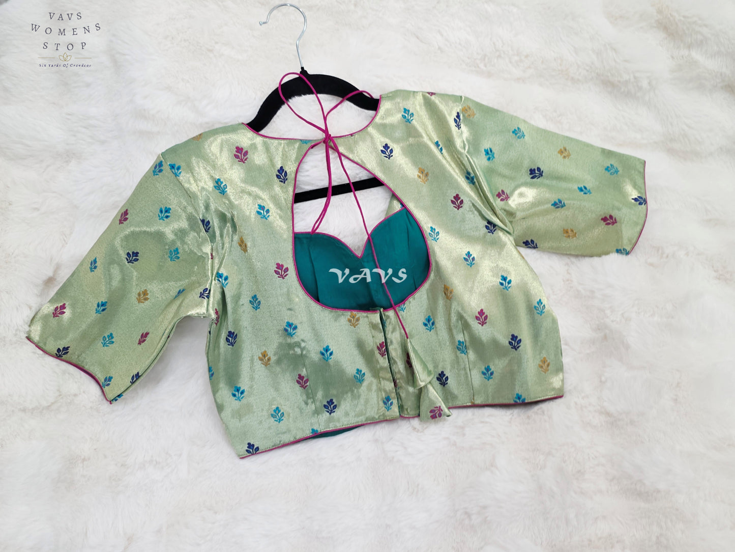 Royal Pistachio Mint Green Tissue Paithani Designer Blouse with Multicolor Buttas