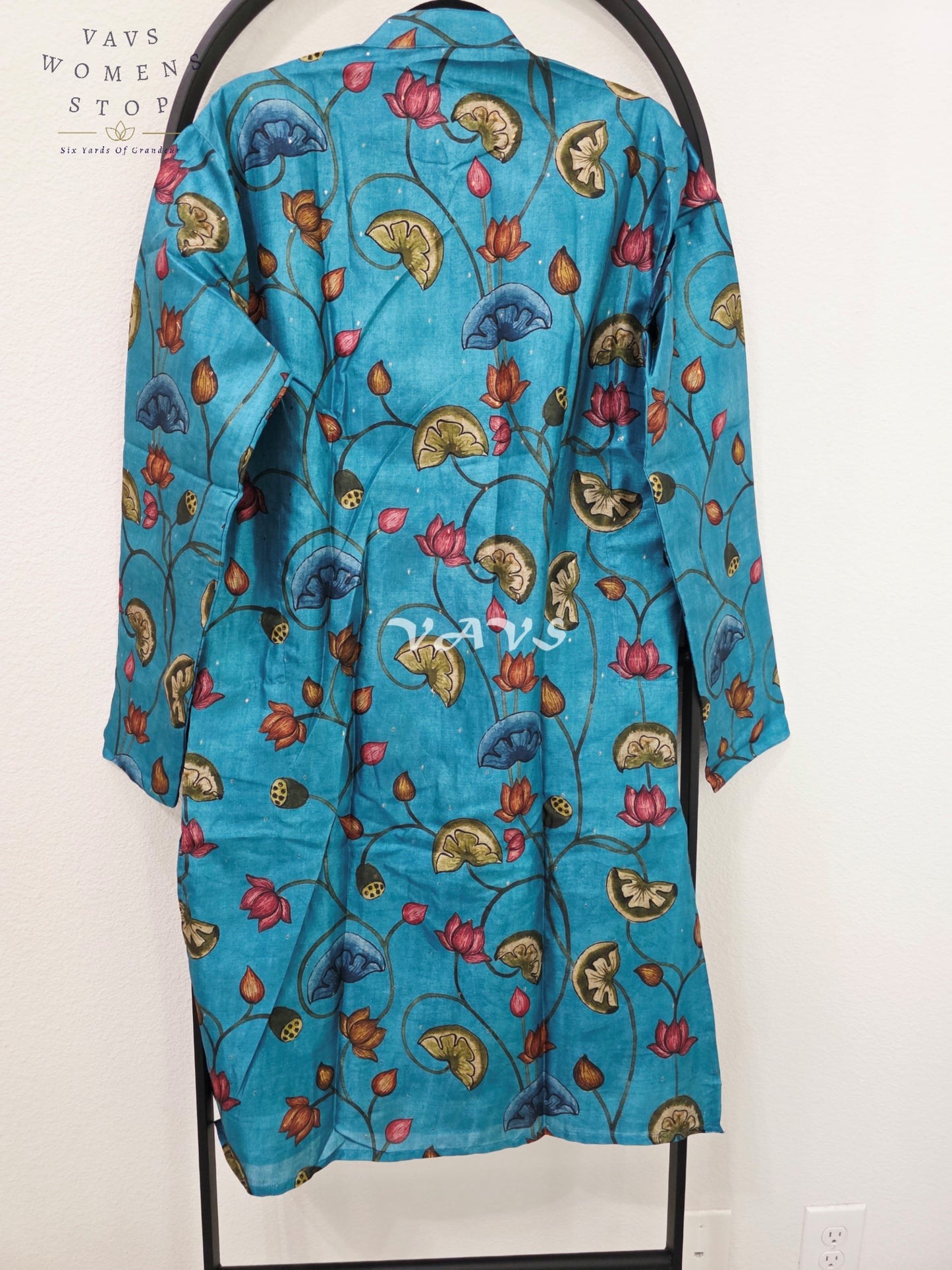 Royal Turquoise Blue Kalamkari Lotus Tussar Silk Men’s Tailored Kurta – Size Medium