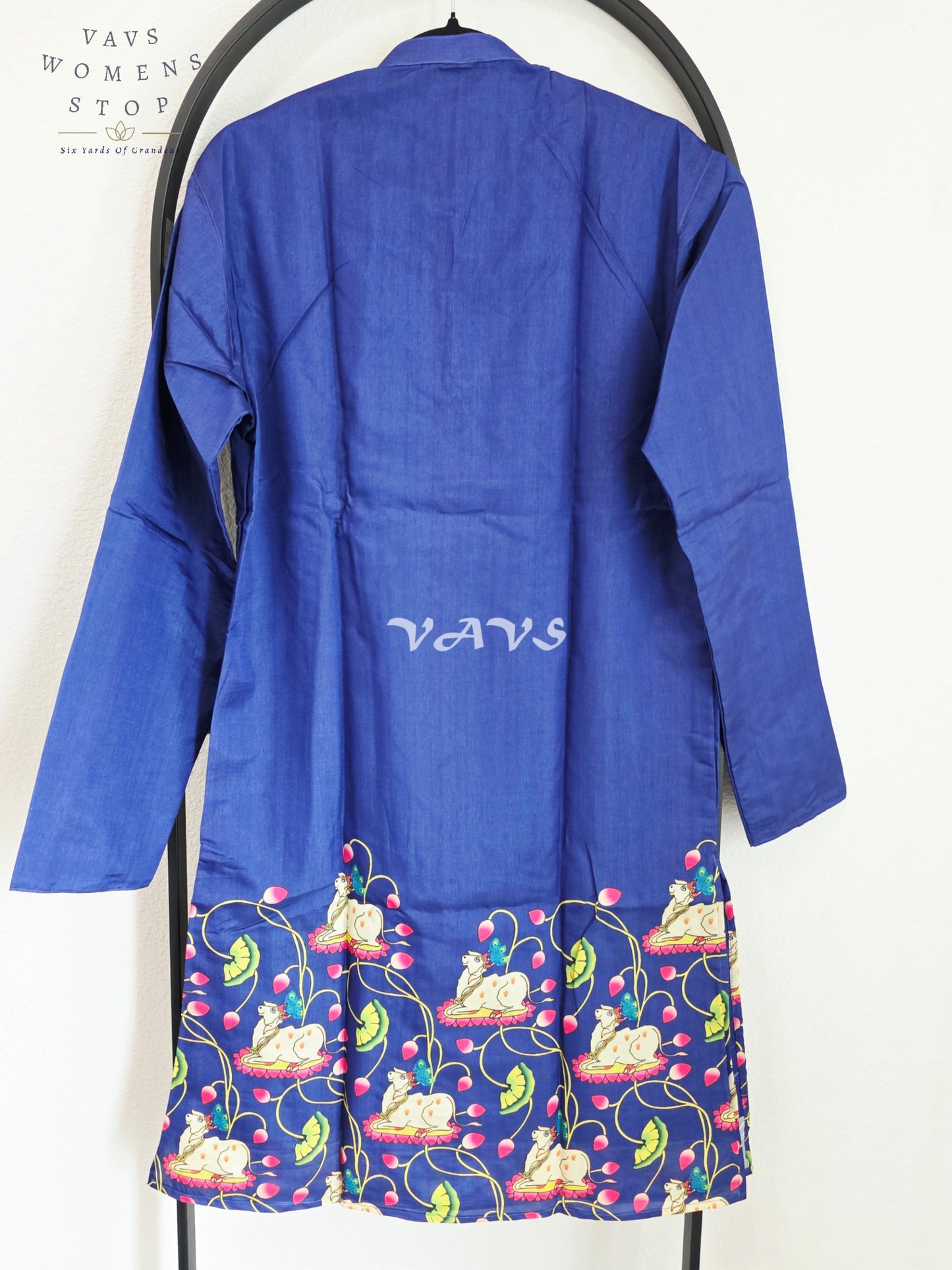 Royal Cobalt Navy Kalamkari Tussar Silk Pichwai Cow Men’s Tailored Kurta – Size Small