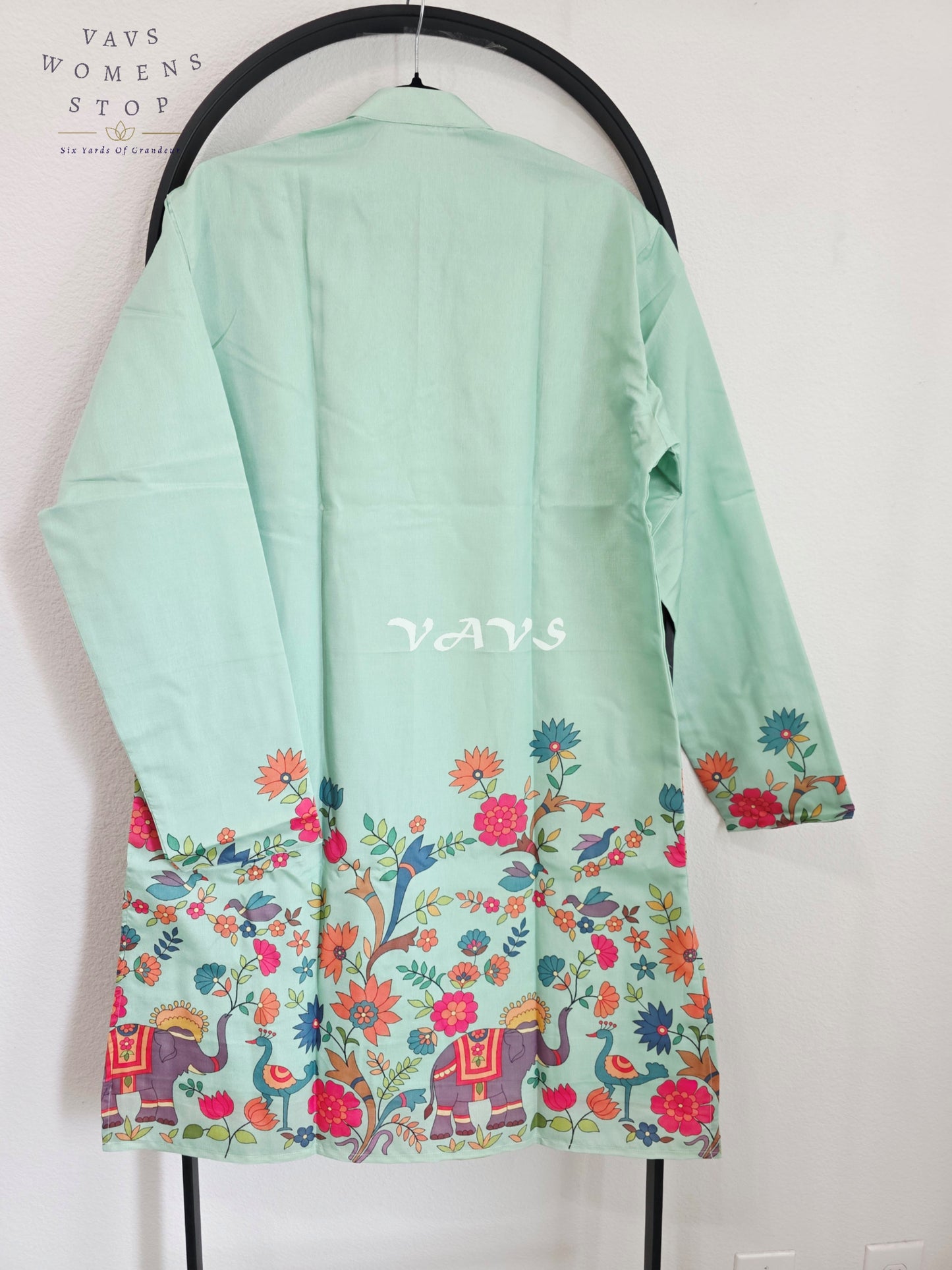 Regal Mint Green Tussar Silk Elephant, Peacock & Floral Print Men’s Tailored Kurta – Size Large