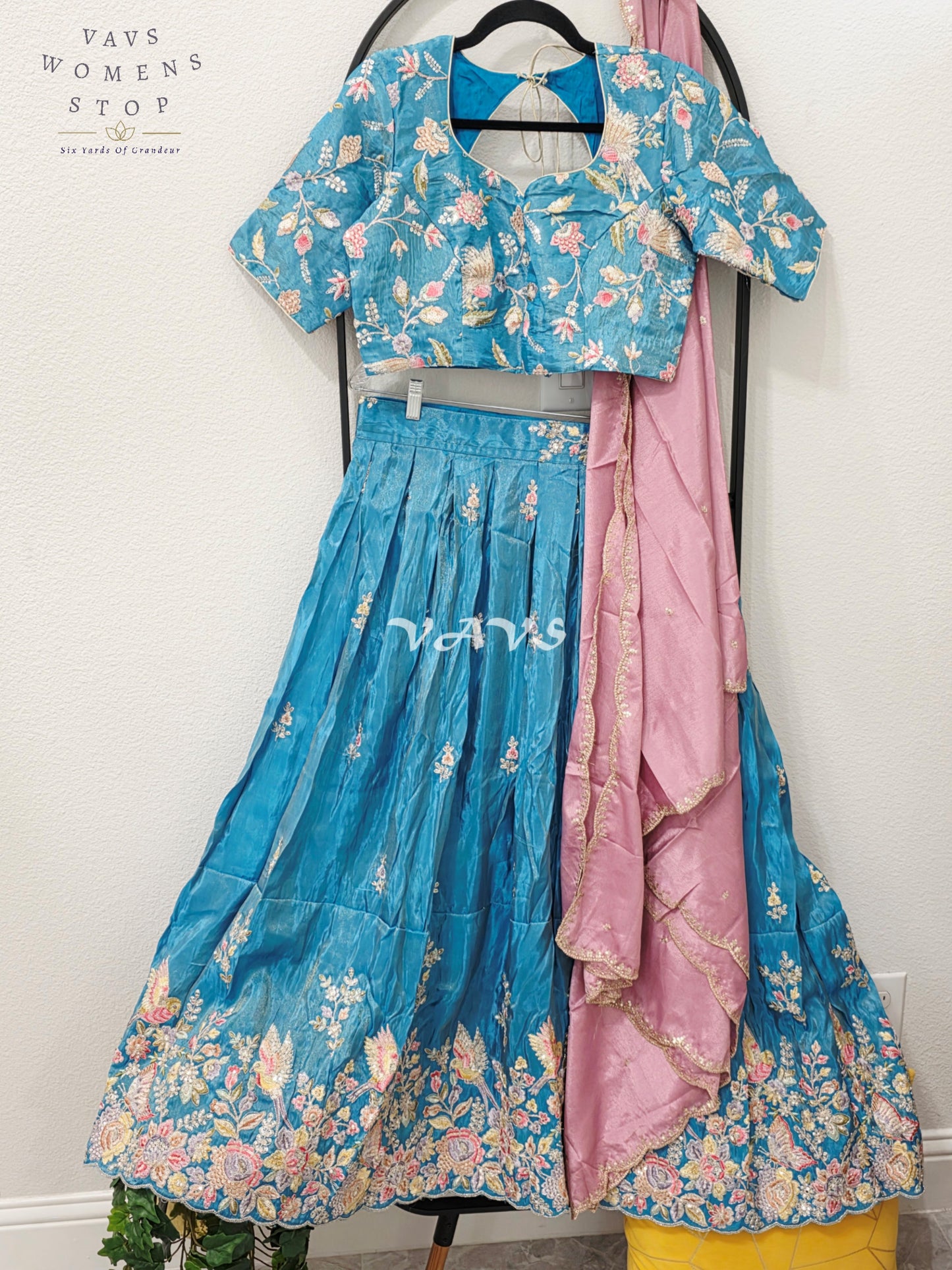 Regal Peacock Teal & Dusty Rose Munga Tissue Crepe Silk Designer Embroidered Lehenga Half Saree with Chinon Chiffon Dupatta & Blouse 40-46