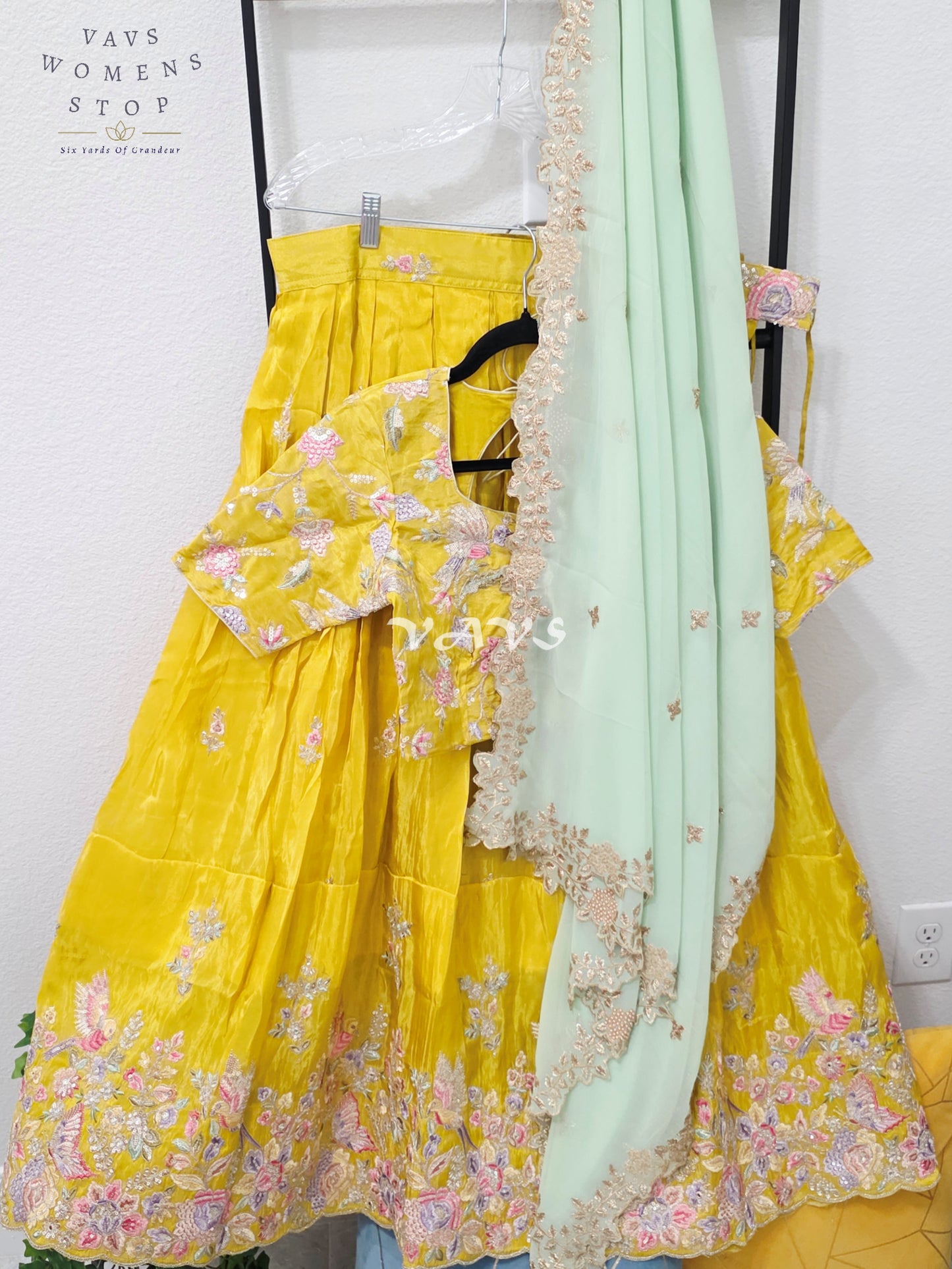 Radiant Marigold Yellow & Mint Mist Munga Tissue Crepe Silk Designer Embroidered Lehenga Half Saree Set with Georgette Dupatta & Blouse 36-42