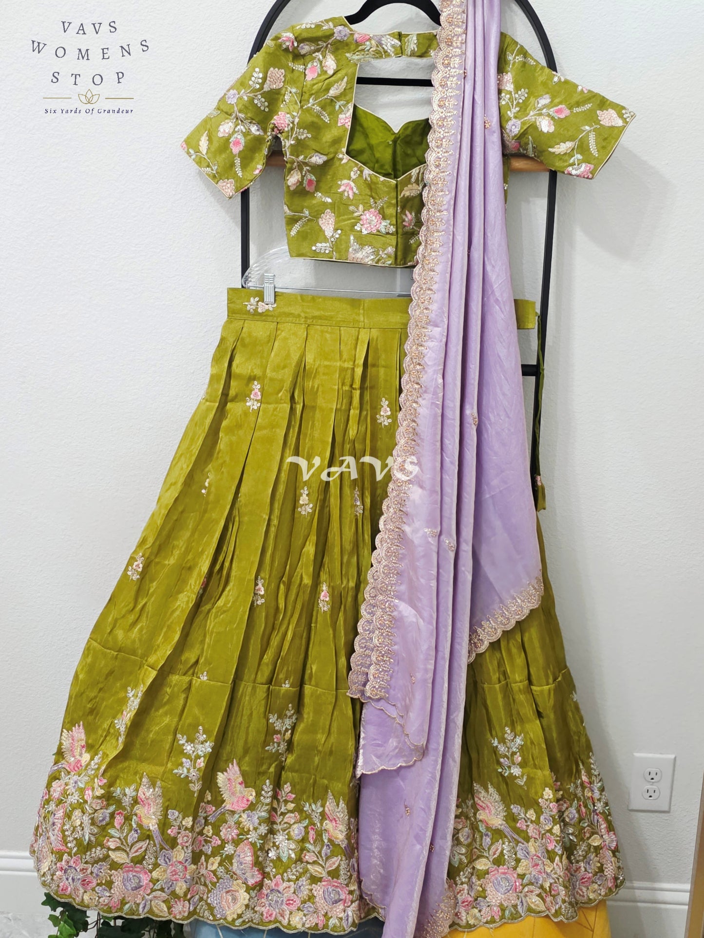 Regal Olive Chartreuse & Lavender Pearl Munga Tissue Crepe Silk Embroidered Lehenga Half Saree with Space Silk Dupatta & Blouse 34-40